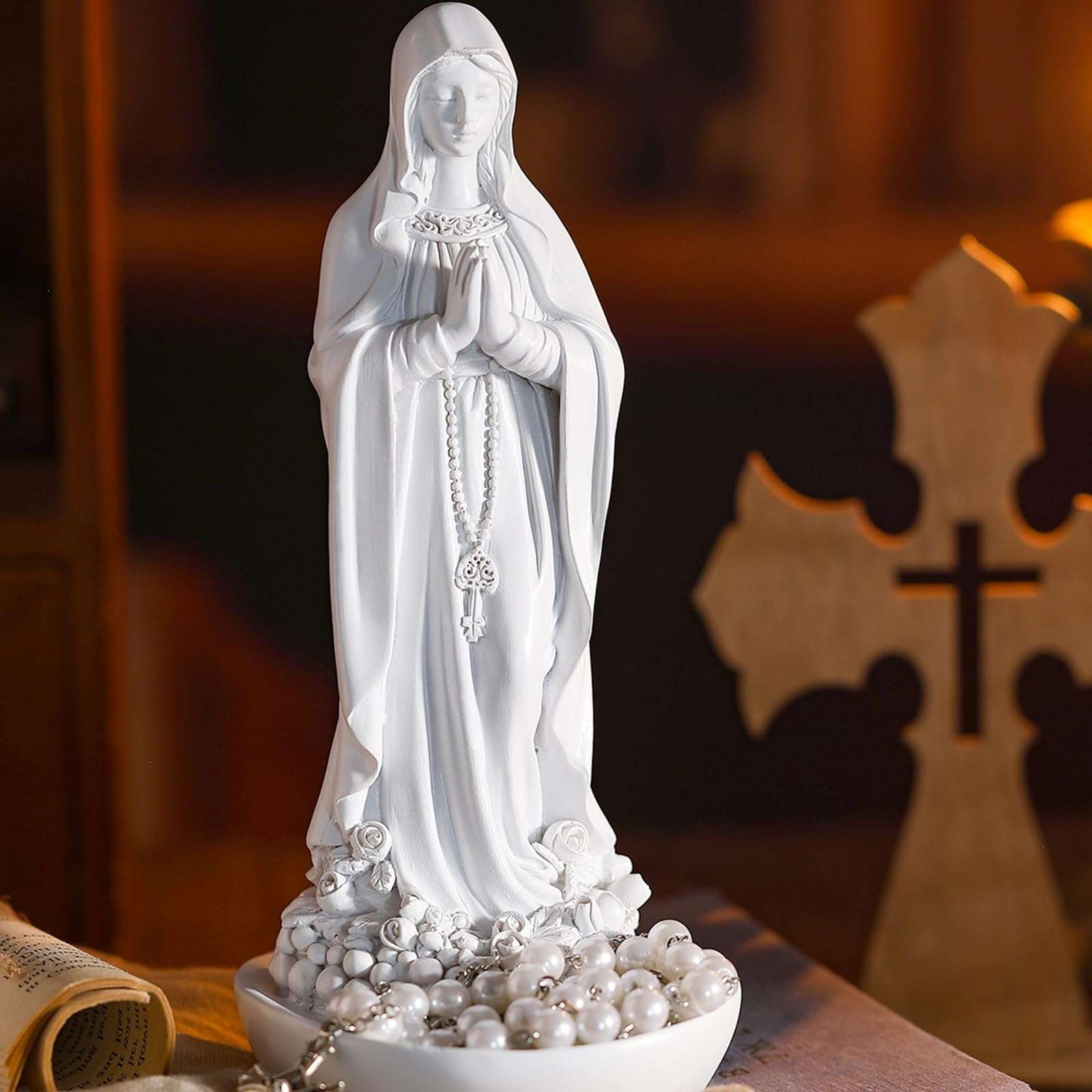 Wonderjune Our Lady of Lourdes Statue Figurine 8'' Bright Ivory Virgin Mary Statue Blessed Catholic Mother Mary Garden Statue Resin Stone Tabletop Rosary Holder Home Office Religious Gifts Decor 1