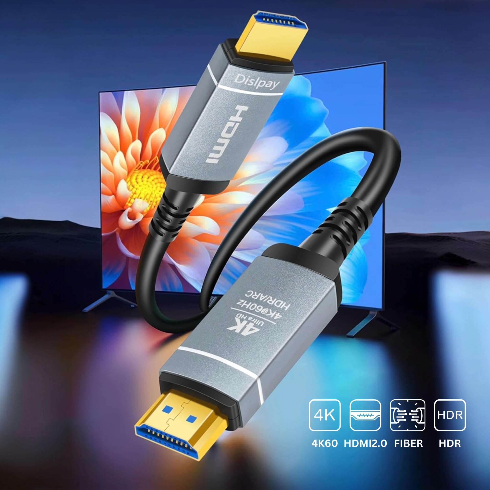 HDMI 2.0 Fiber Optic Cable, 4K@60Hz 4:4:4 18Gbps Ultra High Speed AOC Cable with HDR10, ARC, HDCP2.2, Slim & Flexible Design, Plenum Rated for Home Theater, Gaming, and Professional Use (15ft/5m) 4