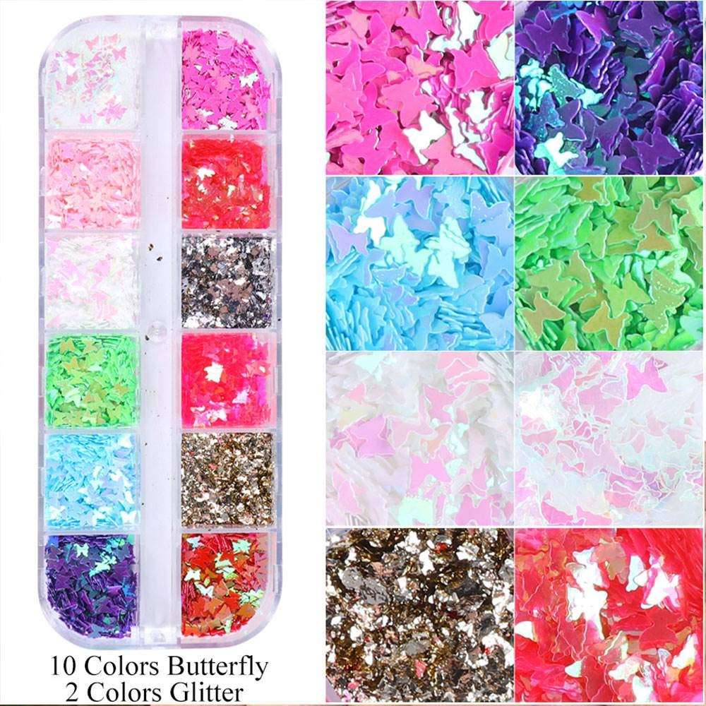 Butterfly Nail Art Stickers Decals Nail Sequins Holographic Glitter Nail Art Accessories Decoration for Women Girls 3D Nail Art Stickers 12 Color/Box 6