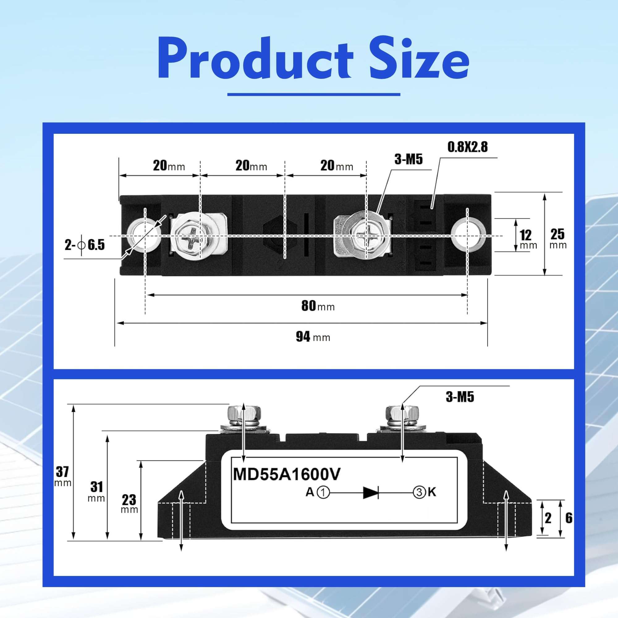 haizusai MD55A1600V Anti-Reverse Diode Module 1600V 50Amp for Solar Systems, Motorcycle, Golf Cart, 12V/24V/48V DC Blocking, Fast Recovery Rectifier Diode (1-Pack) 4