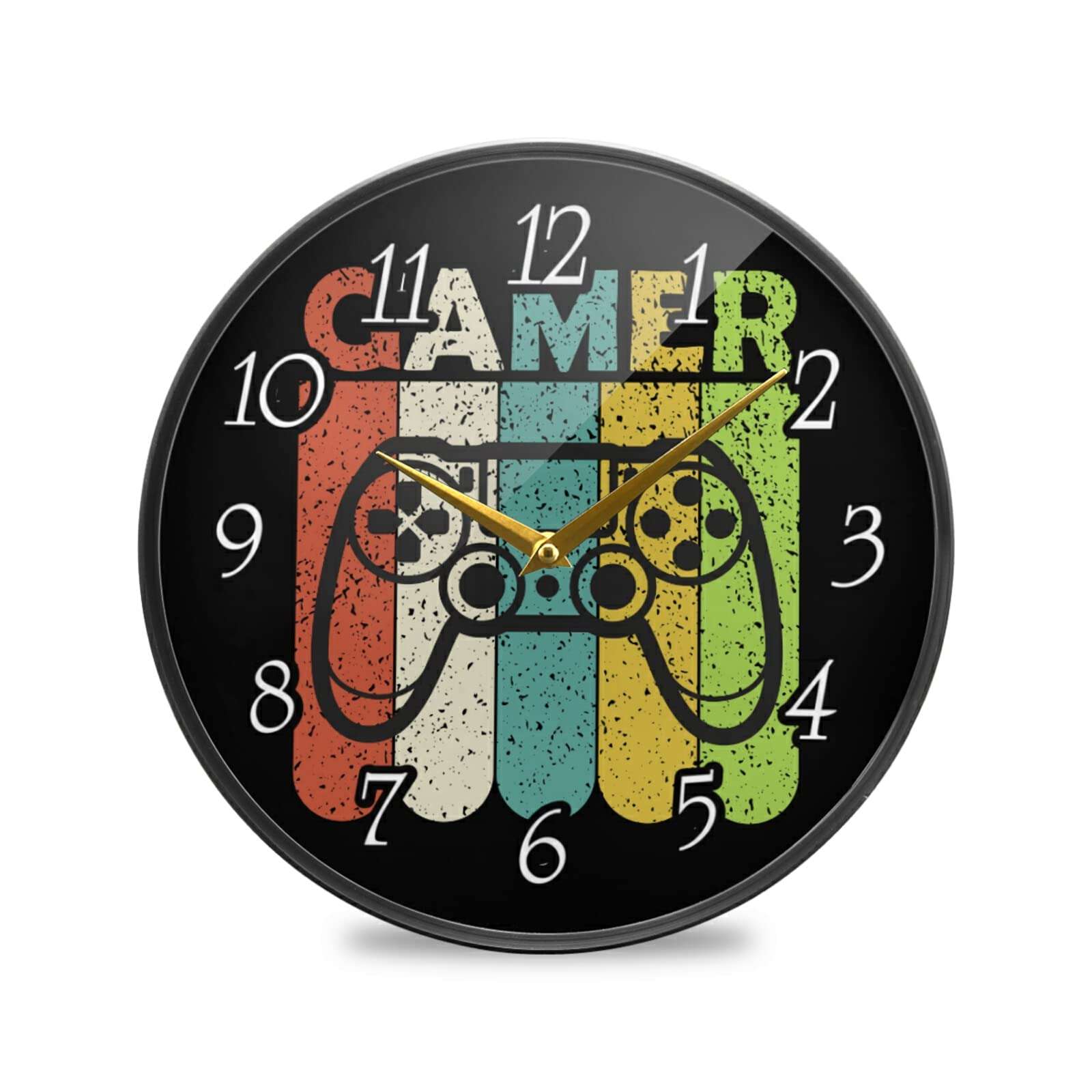 Colorful Joystick Vintage Gamepad with Slogan Gamer on Dark Wall Clock, Silent Non-Ticking Easy to Read Round Decorative Acrylic Wall Clock Art, for Living Room Home Office School 12 Inch 1