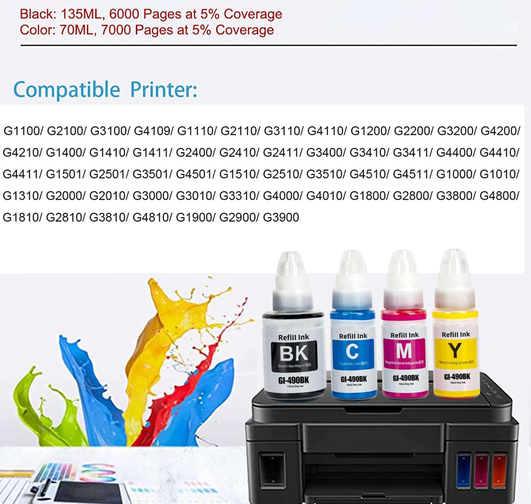 ANG Ink for canonn g2012 Refill Ink g Series Ink Compatible for g2010 Printer Ink g2000 Printer Ink Bottle B/C/Y/M (New) 2