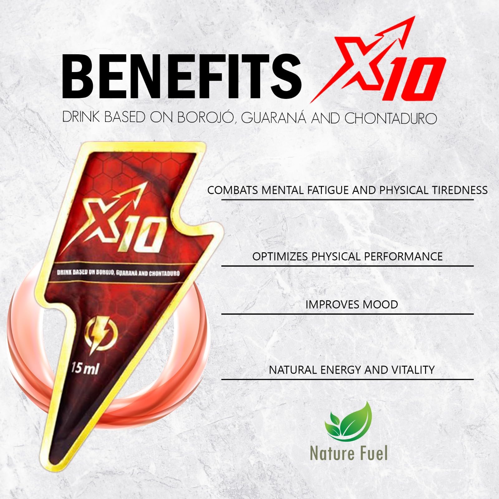 X10 Natural Supplement - Chontaduro, Guarana, and Borojó Blend | 15ml Sachets (7-Pack) | Plant-Based Energy Support. 5