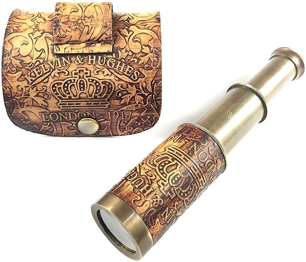 6" Nautical Handheld Pirate Brass Telescope with Anchor on Wooden Box , Sailor Home Decor Toy Gift (6", KELVIN)