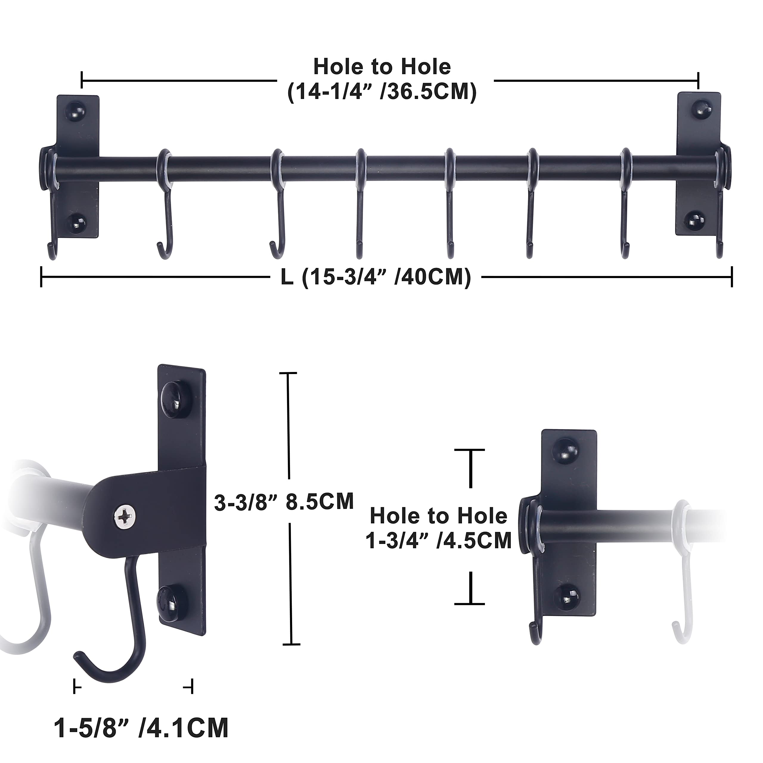 Dseap Kitchen Hooks for Hanging Utensils, Hanging Pot Rack, Kitchen Utensil Hanger Rail with 8 Hooks for Pots Pans, Spoons, Mugs, Wall Mounted, Stainless Steel, Black, Pack of 2 2