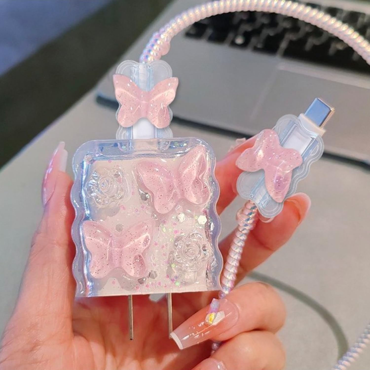Seanai 5in1 18W/20W Charger Case Compatible with Apple 20W Power Adapters, Lovely Charger Cover & Cable Protector for iPhone Pro Max & MacBook Neo 13 Inch Charging Cables, Pink Crystal Butterfly 5