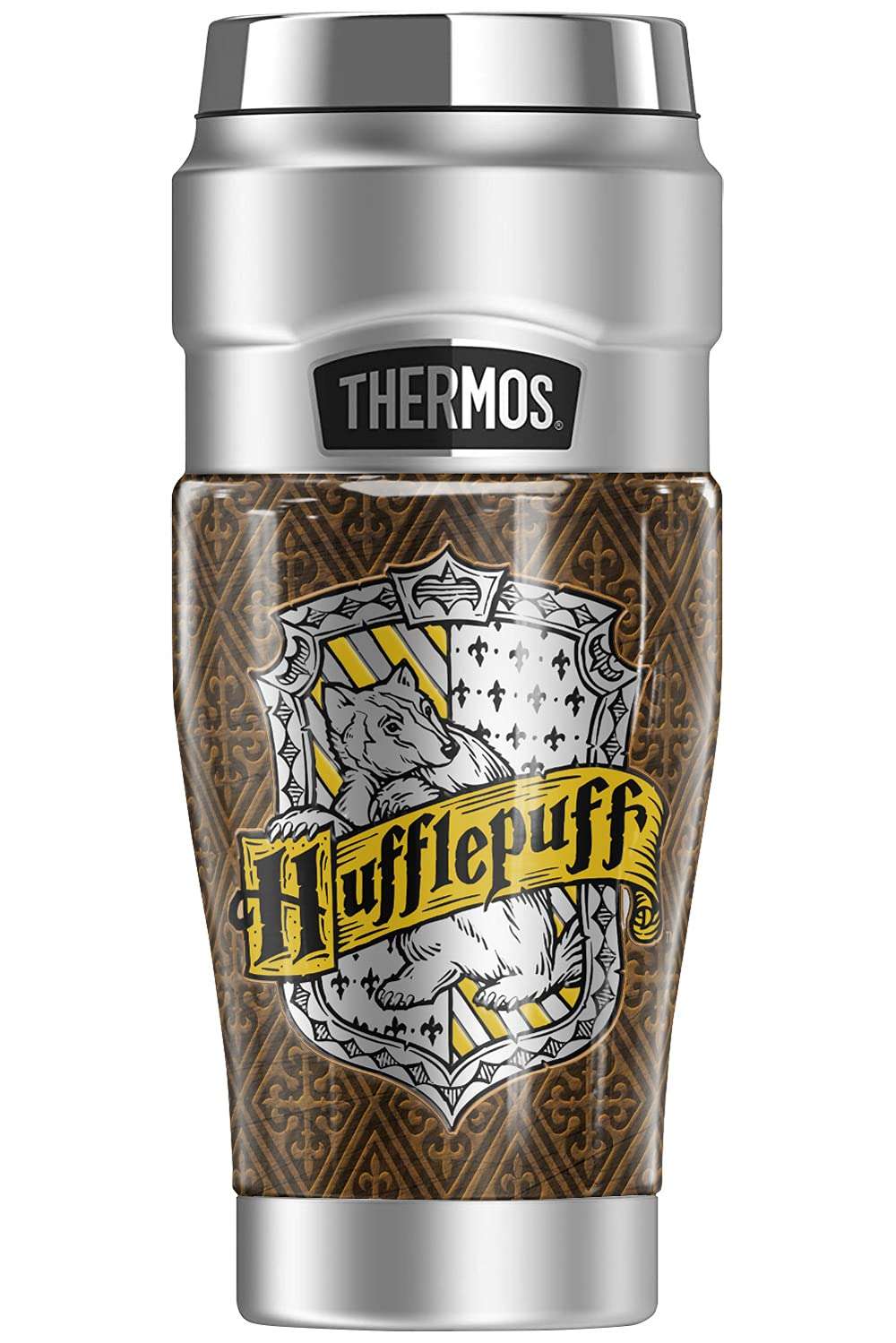 Harry Potter Hufflepuff House Crest THERMOS STAINLESS KING Stainless Steel Travel Tumbler, Vacuum insulated & Double Wall, 16oz 1