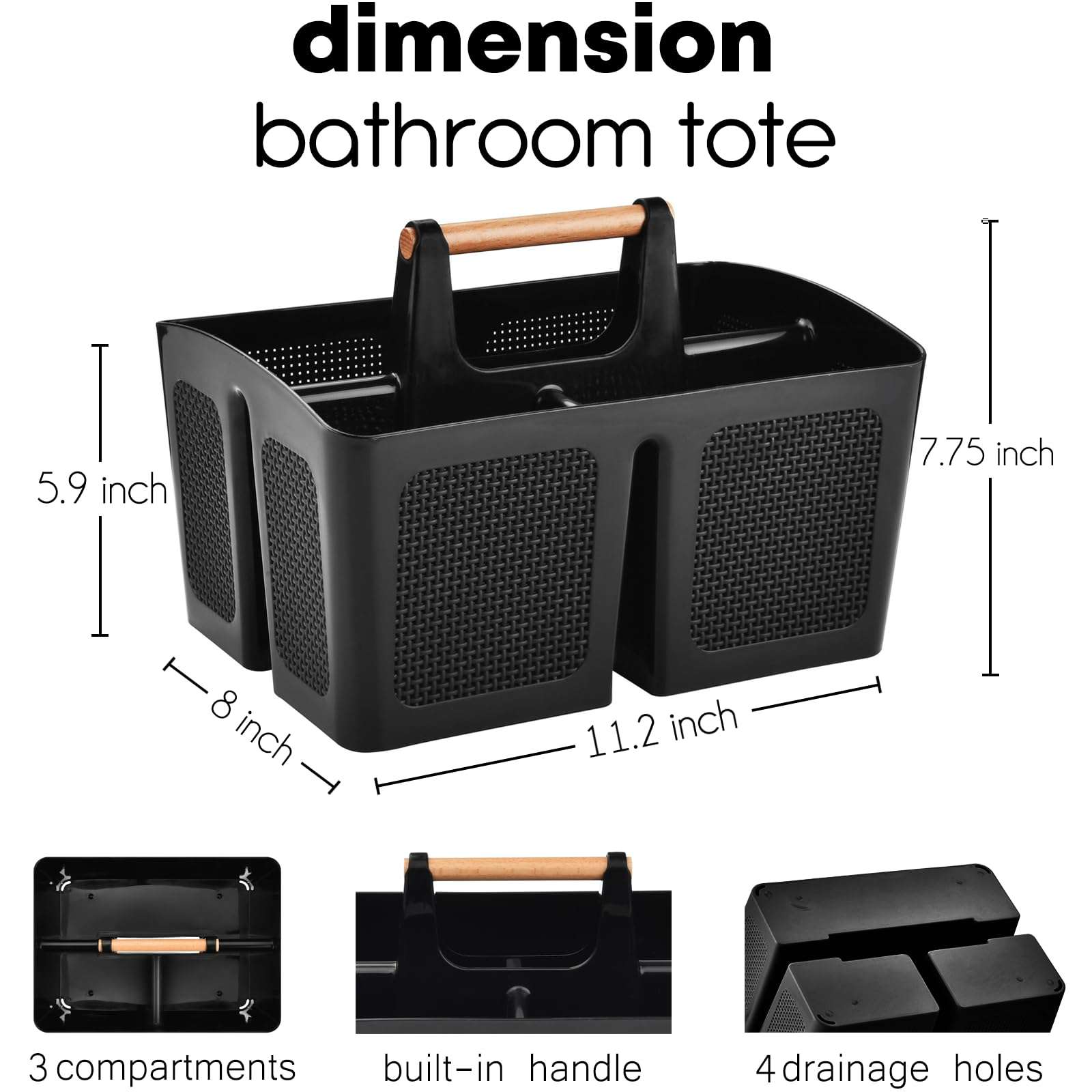 ALINK Portable Shower Caddy Basket with Compartments, Plastic Divided Cleaning Caddy Organizer Storage Tote with Handle for Bathroom, College, Dorm Room Essentials, Black 3