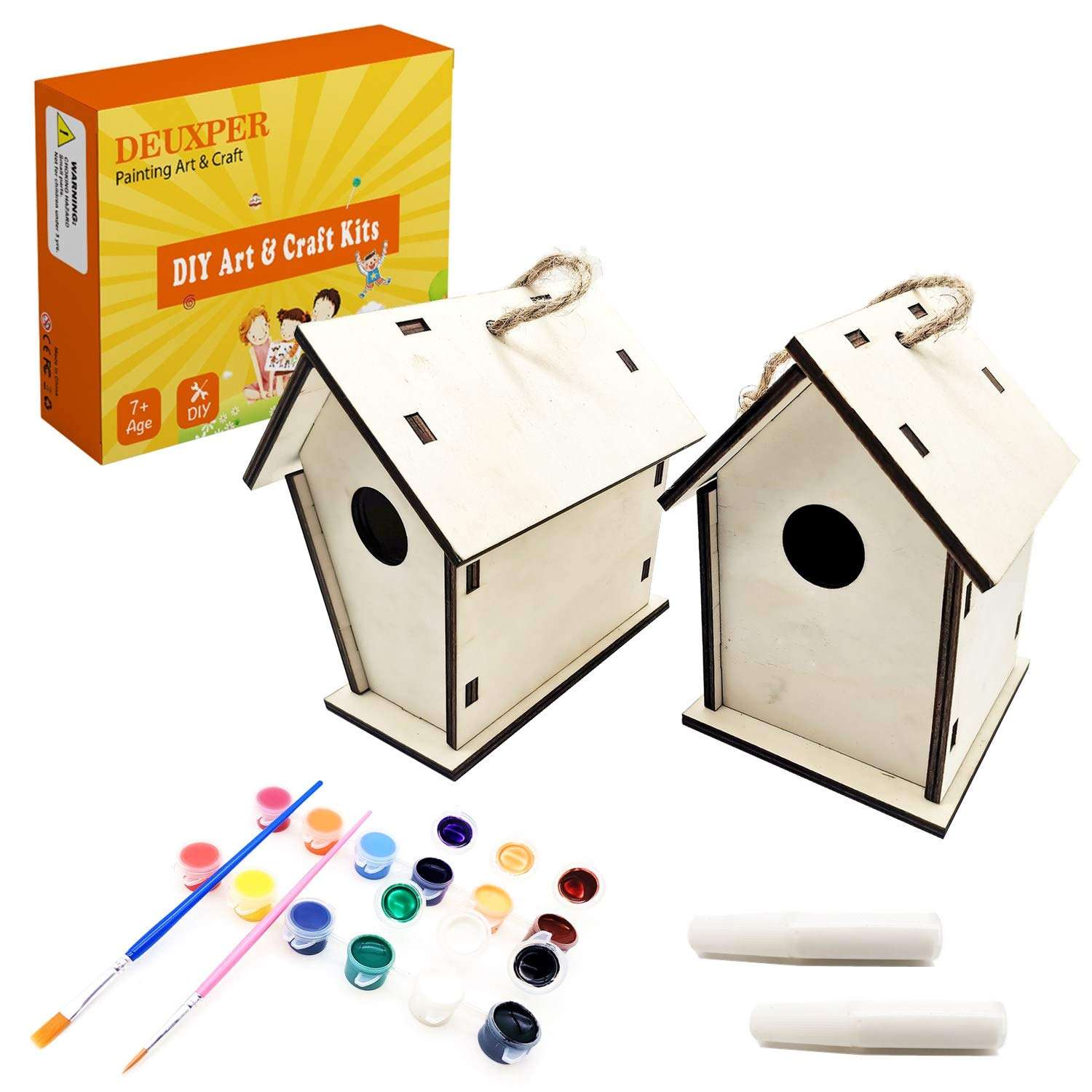 DEUXPER Wooden Bird House Building Kits for Kids Ages 4-8, 2 Pack Backyard Birdhouse DIY Art & Craft with Painting Tools for Kids & Teens, Boys & Girls 1