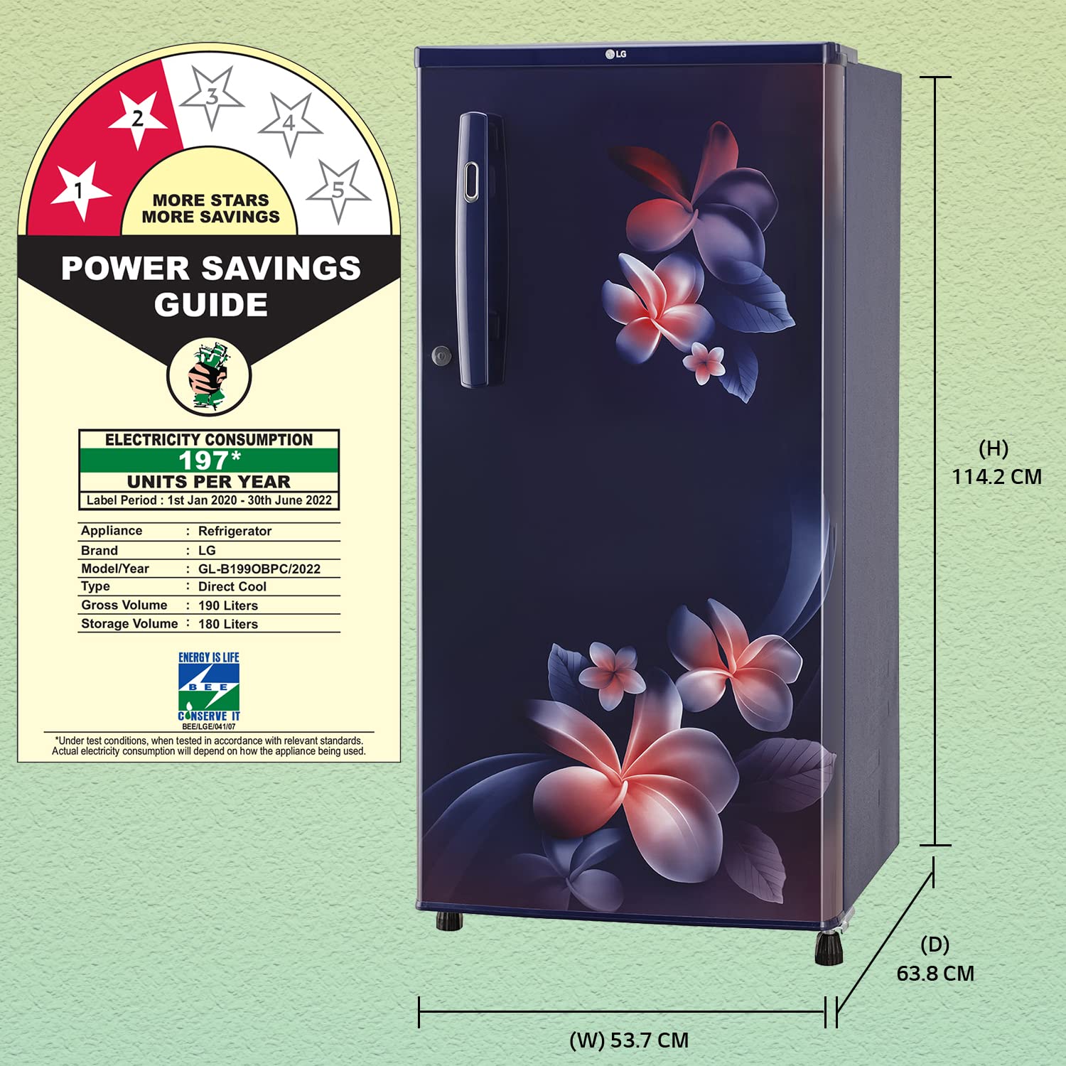 LG 190L 2 Star Direct-Cool Single Door Refrigerator (GL-B199OBPC, Blue Plumeria, Fast Ice Making, 2022 Model) 5