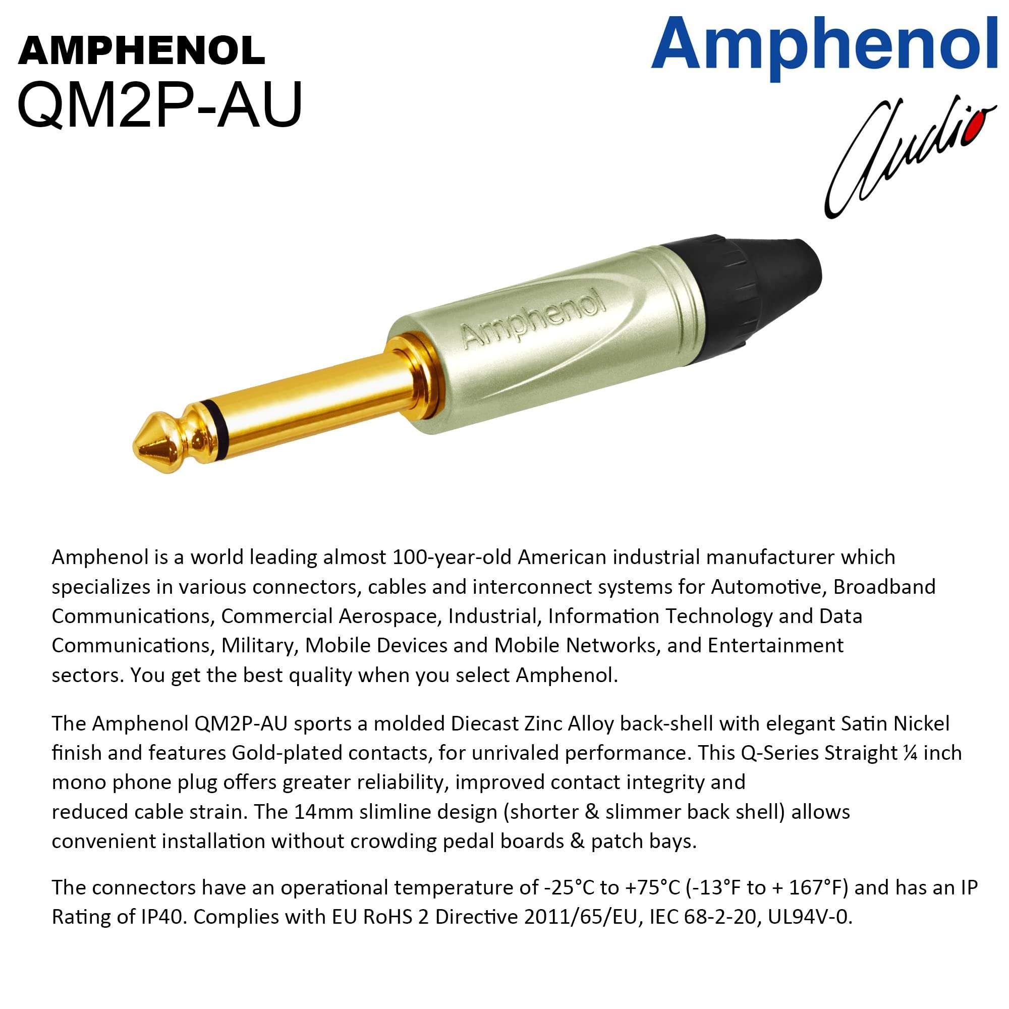 6 Foot - WBC-PRO-Guitar – 20 AWG - Low-Cap (18pF/ft) – Pro-Grade – Graphite-Based - Dual-Shielded Guitar, Bass, Instrument Cable with Amphenol QM2R-AU & QM2P-AU ¼ Inch (6.35mm) Gold TS Connectors 6