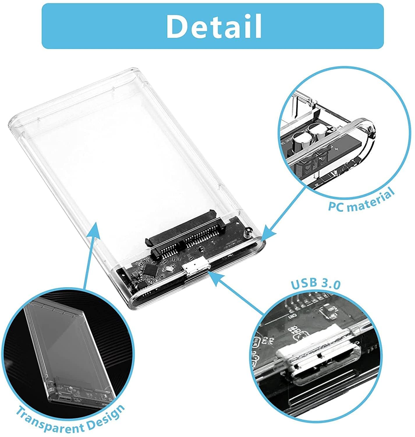 Technotech 2.5 Inch SATA to USB 3.0 External Hard Drive Enclosure HDD / SSD (Transparent) 3