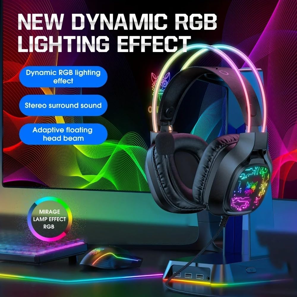 Waillynice X22 Gaming Headset RGB Dynamic Lighting Wired Over-Ear Headphones with Noise-Canceling Mic for PC PS4 Xbox PS5 (black) 3