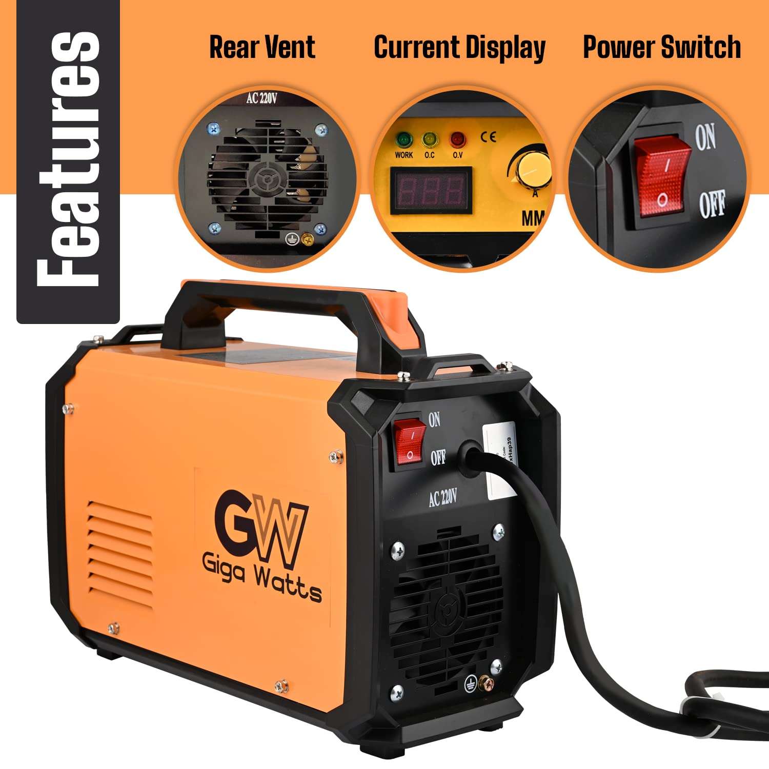 GIGAWATTS XLNT 200A O SIBIT Display Welding Machine Portable, Compact Design Welder, Anti-Stick Welder With Joint Quick Connectors, Plug Adapter & Socket (Orange & Black) 6