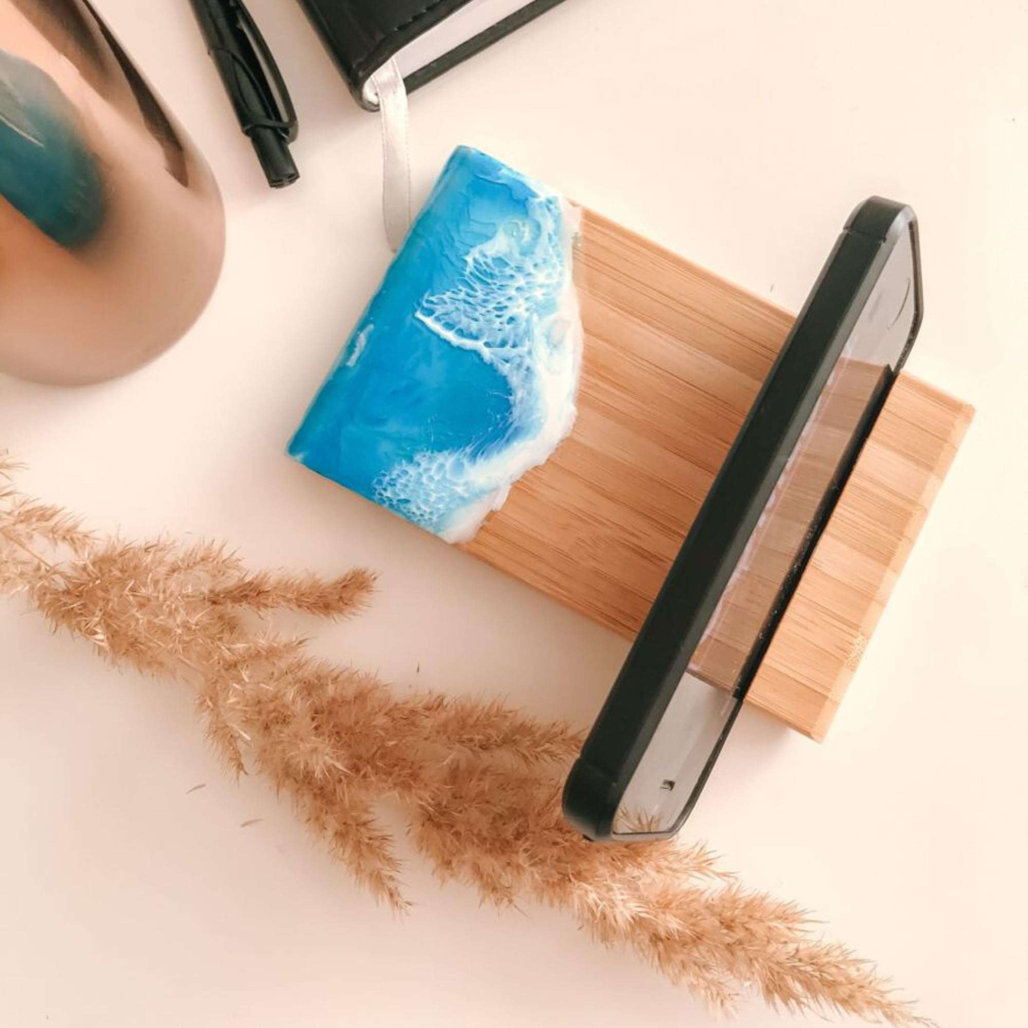 Modern Ocean epoxy resin & wood phone stand for desk, Phone Stand, Stylish & Portable Phone Stand, Best Holiday Gifts for Employees, Gift for Her Him (Ocean Blue) 4