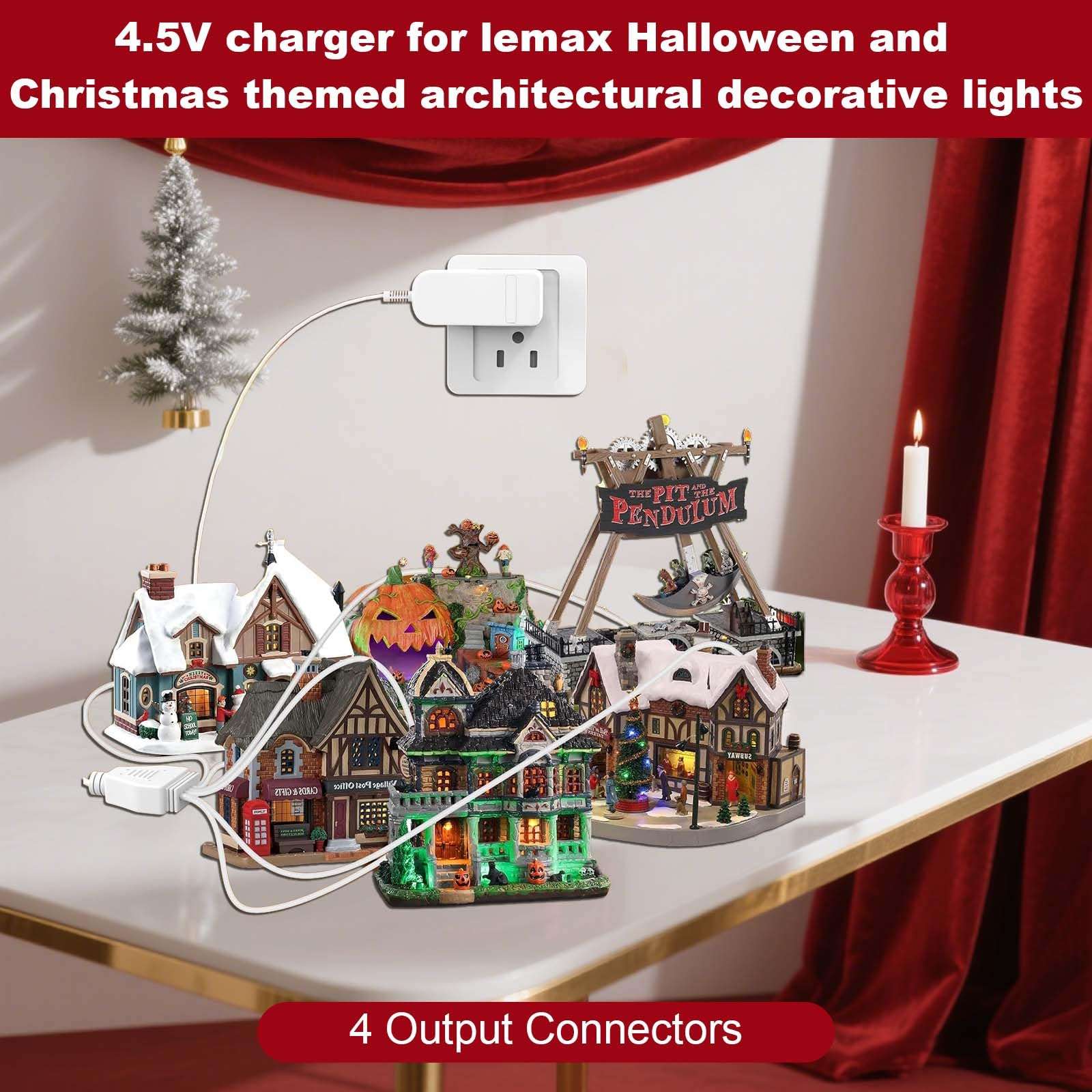 4.5V Power Adapter, for Lemax Christmas Lights and Halloween Lighting Accessories: 64517 74269 74274 674707 74295 84428 44242 94565 94566 94527 94563 94564 44241 (4 Output Connectors) 4