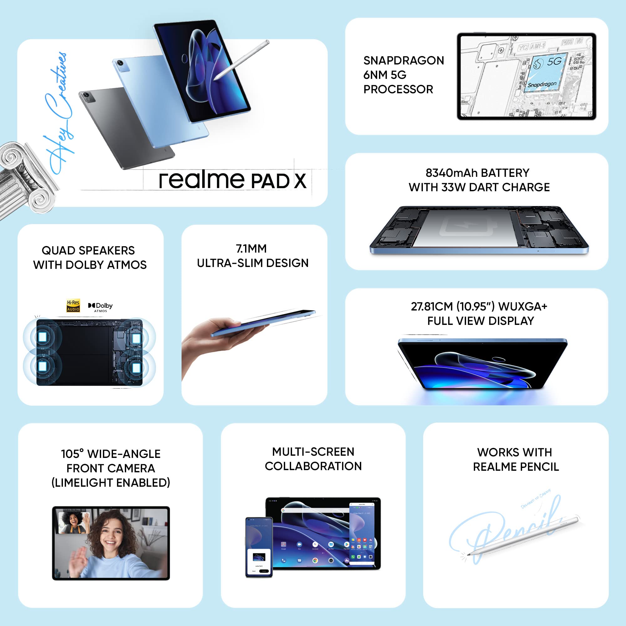 realme Pad X WiFi+5G Tablet | 4GB RAM 64GB ROM (Expandable), 27.9cm (11 inch) WUXGA+ Display | 6nm SD Processor | Dolby Atmos Quad Speakers | 8340 mAh Battery | Blue Colour 2