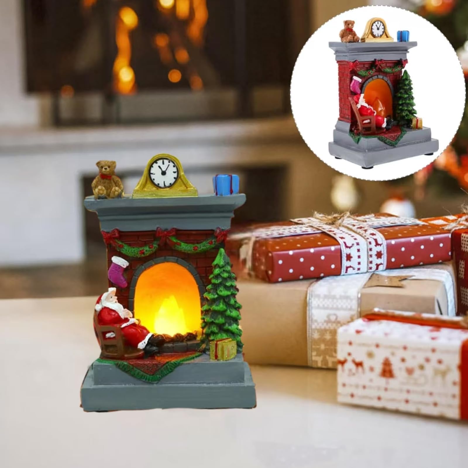 Neioaas Christmas Santa Claus Fireplace Night Light Gift Decoration Ornaments,Santa Decor for Trees Desks and Shelves for Christmas Party Festive Home Decor 3