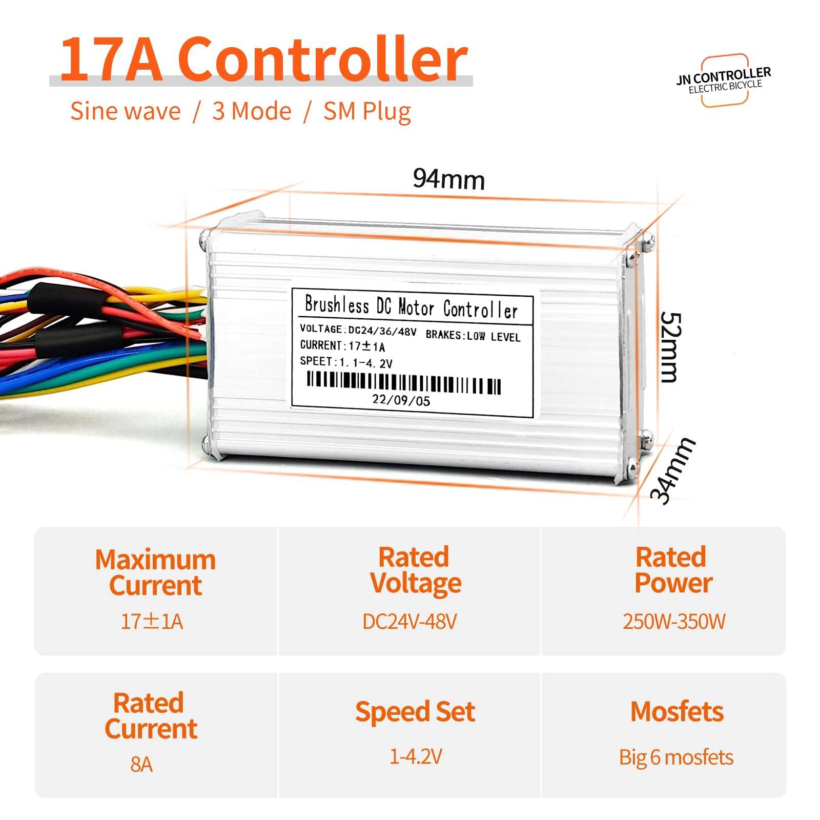 Ebike 17A Sine Wave Controller with CS866 Color Display, Adjustable Throttle & PAS for 500W 800W 1000W 1800W Electric Bicycles Hub Motor 3