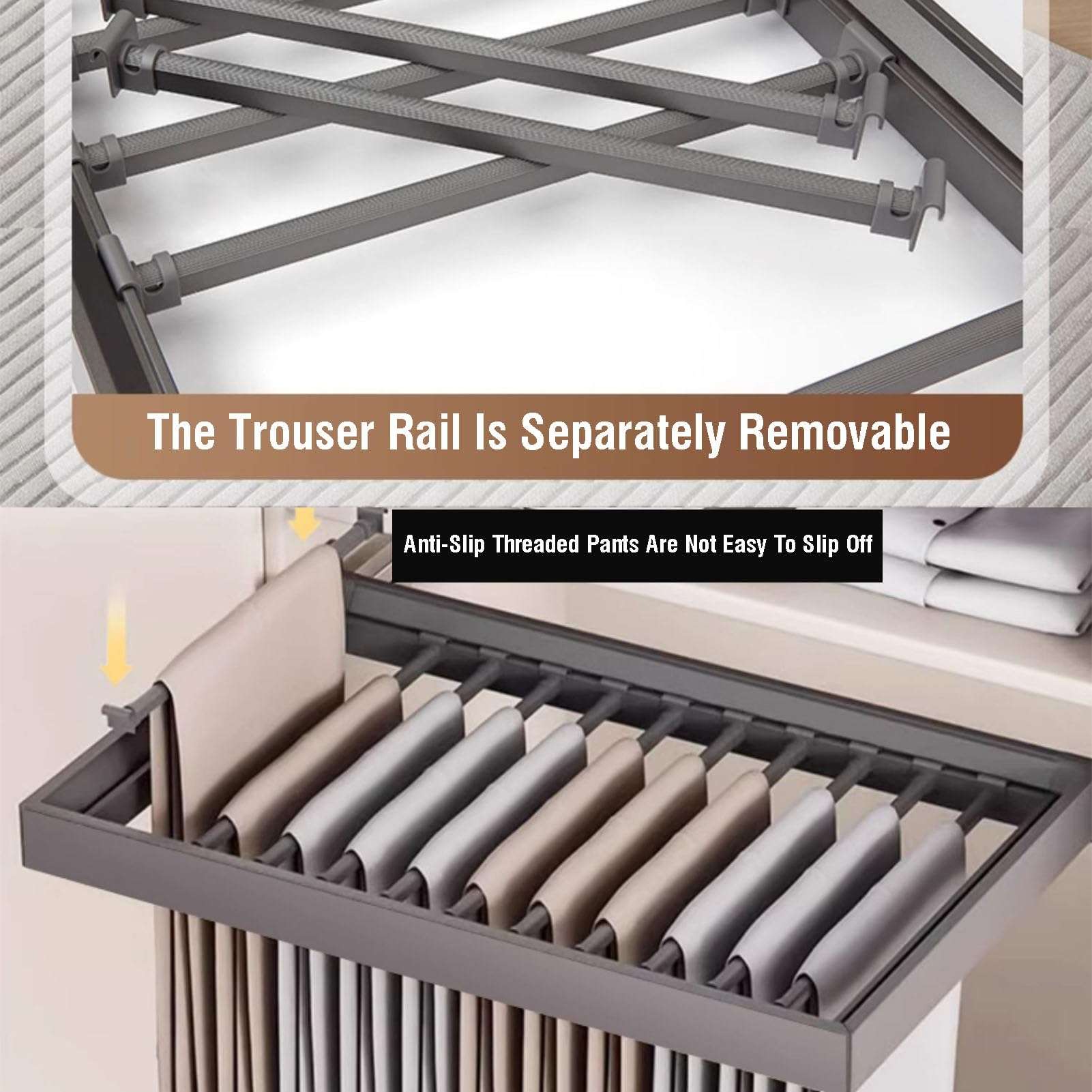 Wardrobe Drawer Trouser Rack with Buffer System,Sliding Pull Out Trouser Hanger Rack,Above Washing Machine Drying Rack Hidden Clothes Rack,for Wardrobe Closet Bathroom Cabinet 4