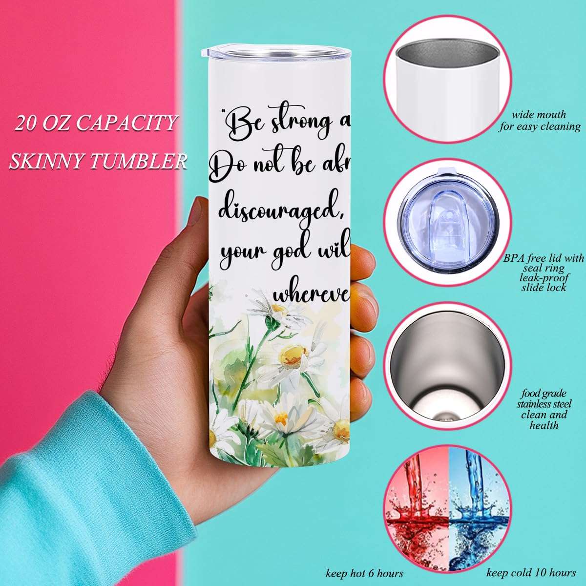 Coffee Tumbler, 20 oz Tumbler Insulated Coffee Mug with Lid, Skinny Stainless Steel Thermal Cup, Slim Vacuum Water Bottle Travel Mug, Inspirational Gifts Bible Religious Christian Gifts for Women 3