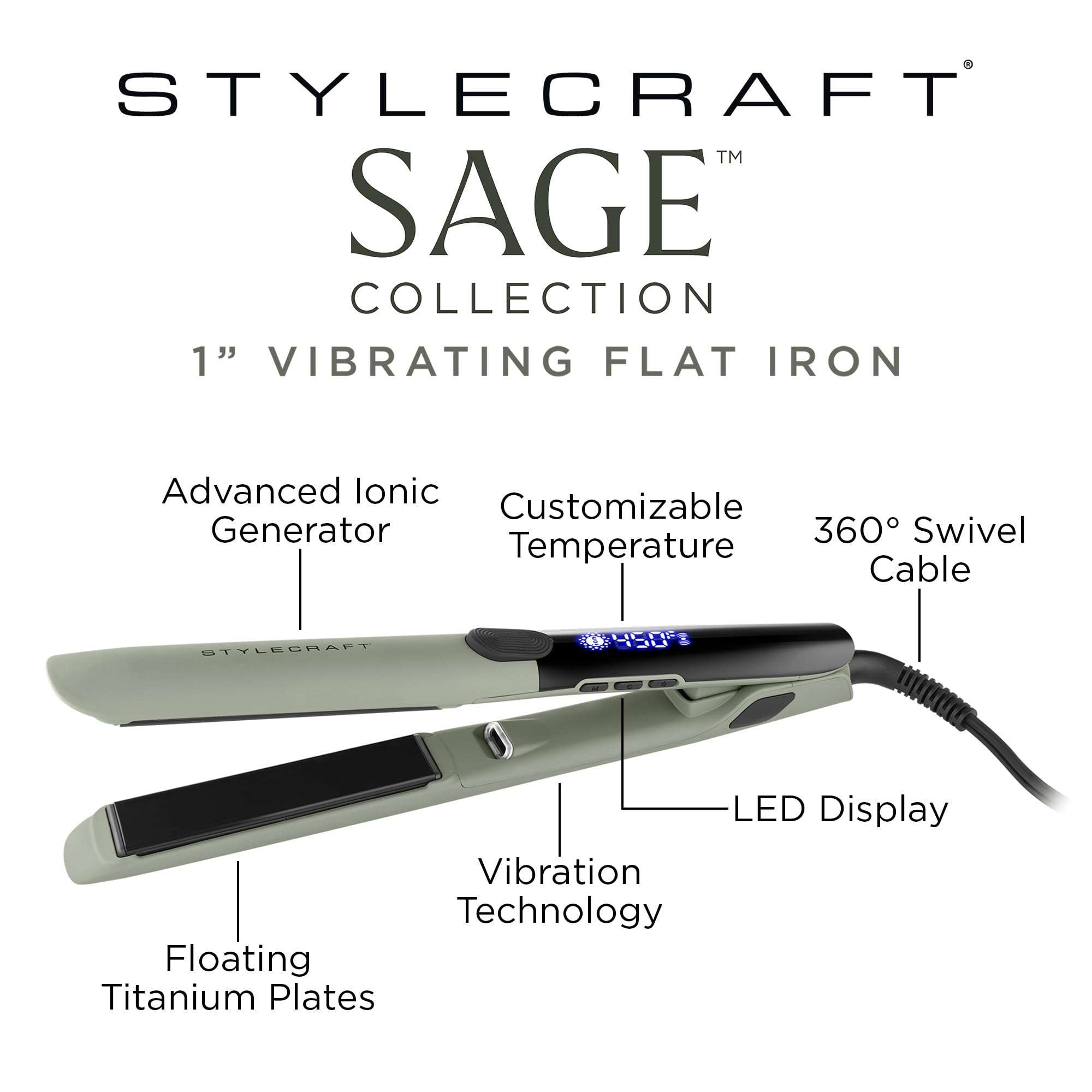 StyleCraft Sage – Professional Smooth Gliding Vibrating 1”-Inch Keratin Sealing Flat Iron with Titanium Plates and LED Display for Silky Smooth Hair 3