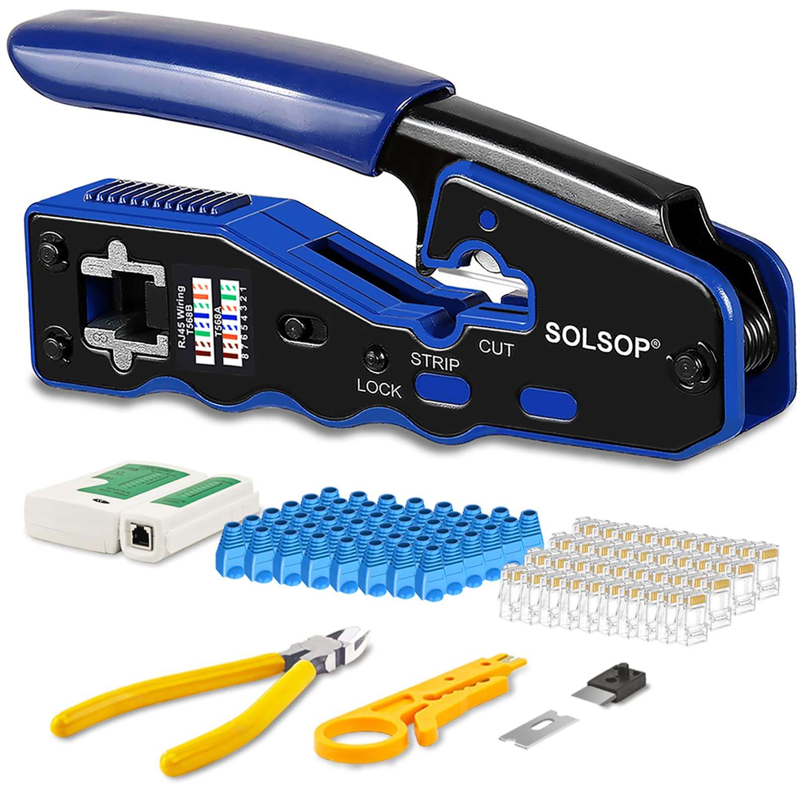 Solsop Network/Phone Cable Tester RJ45 Crimp Tool Pass Through Modular CAT6 Crimping Tool Kit, 50PCS CAT6 Pass Through Connectors, 50PCS RJ45 Boots, Mini Wire Stripper, Wire Cutter plier 1