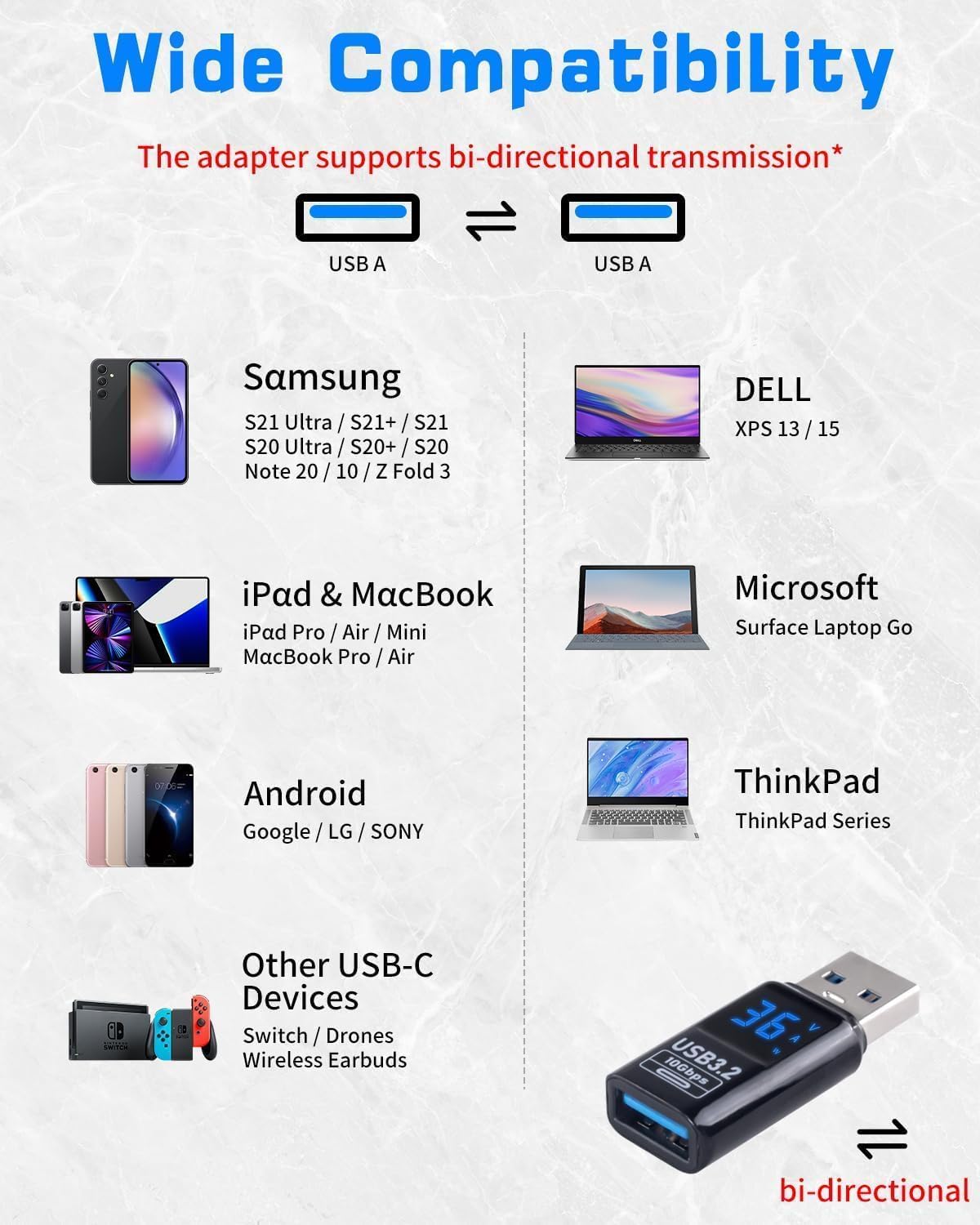 RuhZa USB Extension Adapter Disgital Display 1 Pack, 10Gbps USB Extender Adapter, USB 3.2 Male to Female Type A to Type A Cable Adapter for Hard Drive, Keyboard, Laptop 5
