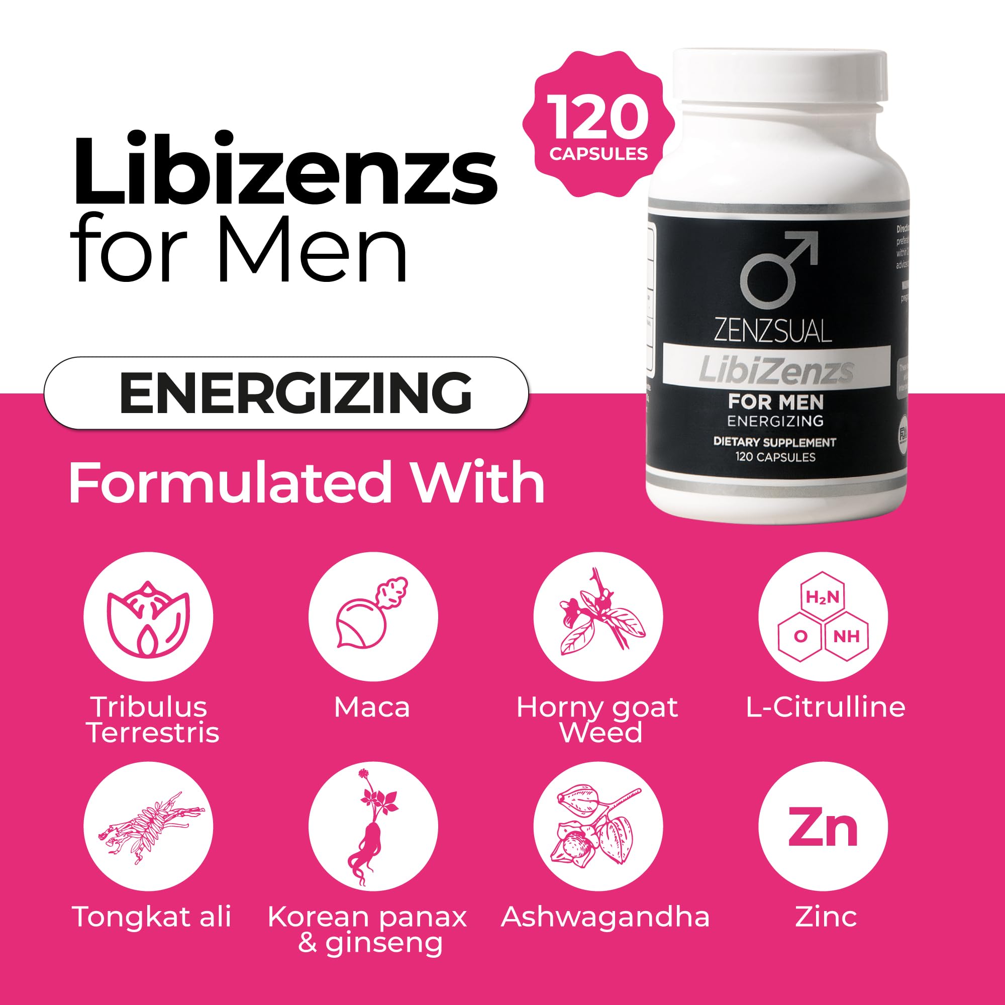 ZENZSUAL LibiZenzs Men - Natural Dietary Supplement Blend with Ginseng, Maca Root, Ashwagandha - Increases Testosterone Levels - Gluten Free (120 Capsules) 3