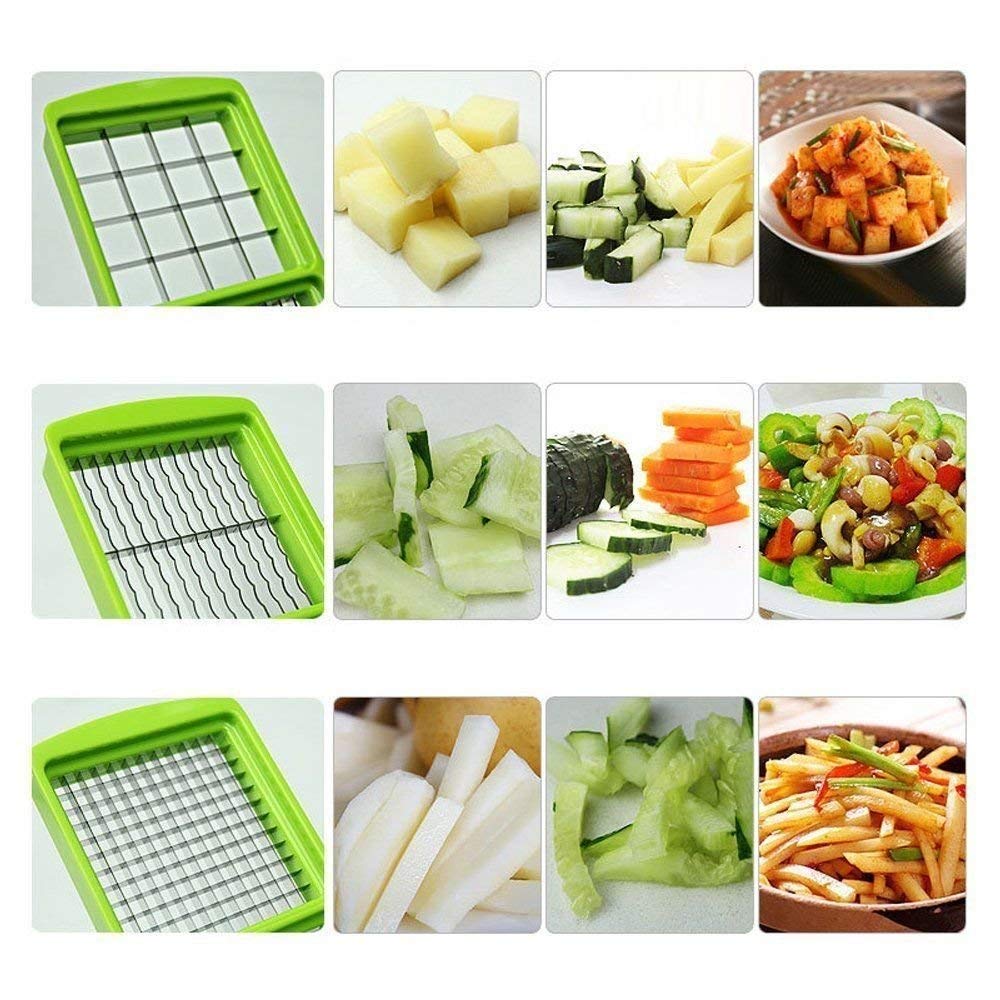 BE MALL Multi-Purpose Vegetable and Fruits Grater, Chipser Chopper, Slicer, Cutter and Dicer with 11 Stainless Steel Blades and 1 Pillar, Vegetable Chopper for Kitchen (Green) 2