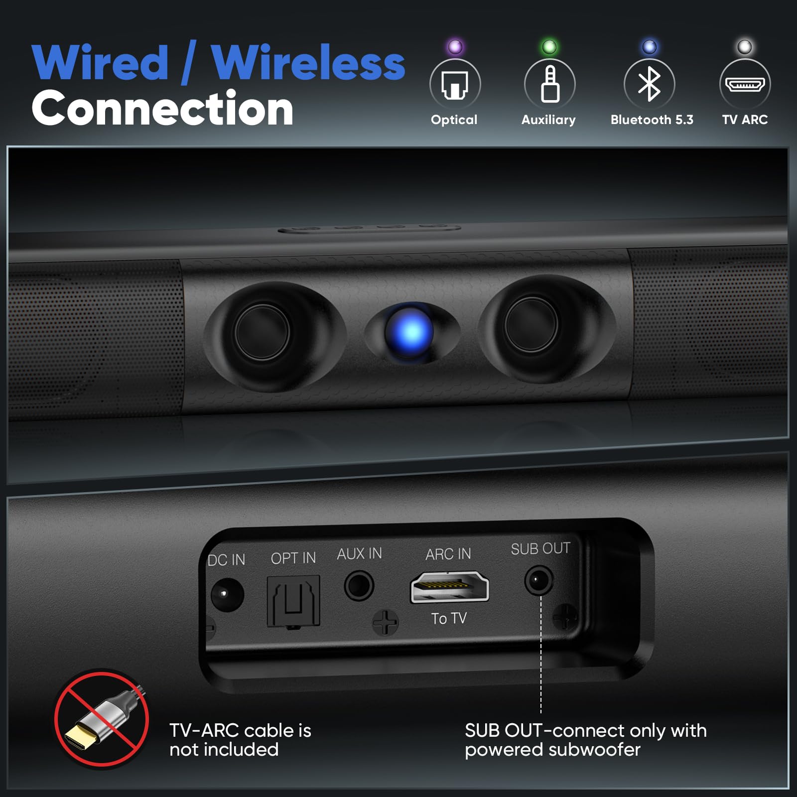 Sound Bar for Smart TV with Deep Bass & Crystal Dialogue – 60W 2.0 Channel Soundbar, Dual Woofers & Silk Dome Tweeter, Bluetooth 5.3, ARC/Optical/AUX, 17-Inch Wall Mountable for PC Projector Gaming 6