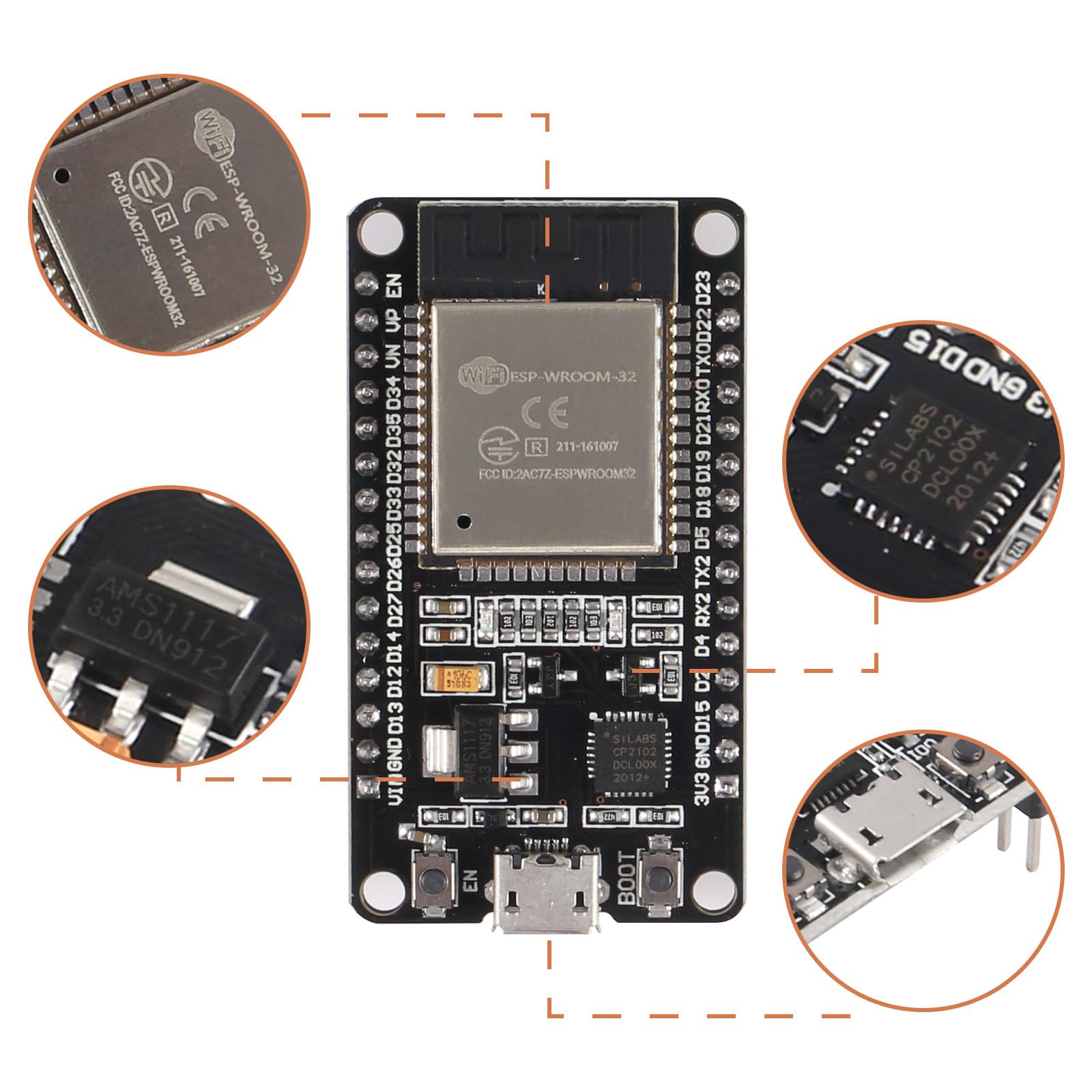 Aokin ESP32 ESP-WROOM-32 Development Board 2.4 GHz WiFi and Bluetooth Dual Cores Microcontroller ESP-WROOM-32 Chip for Arduino NodeMCU, 3 Pcs 4