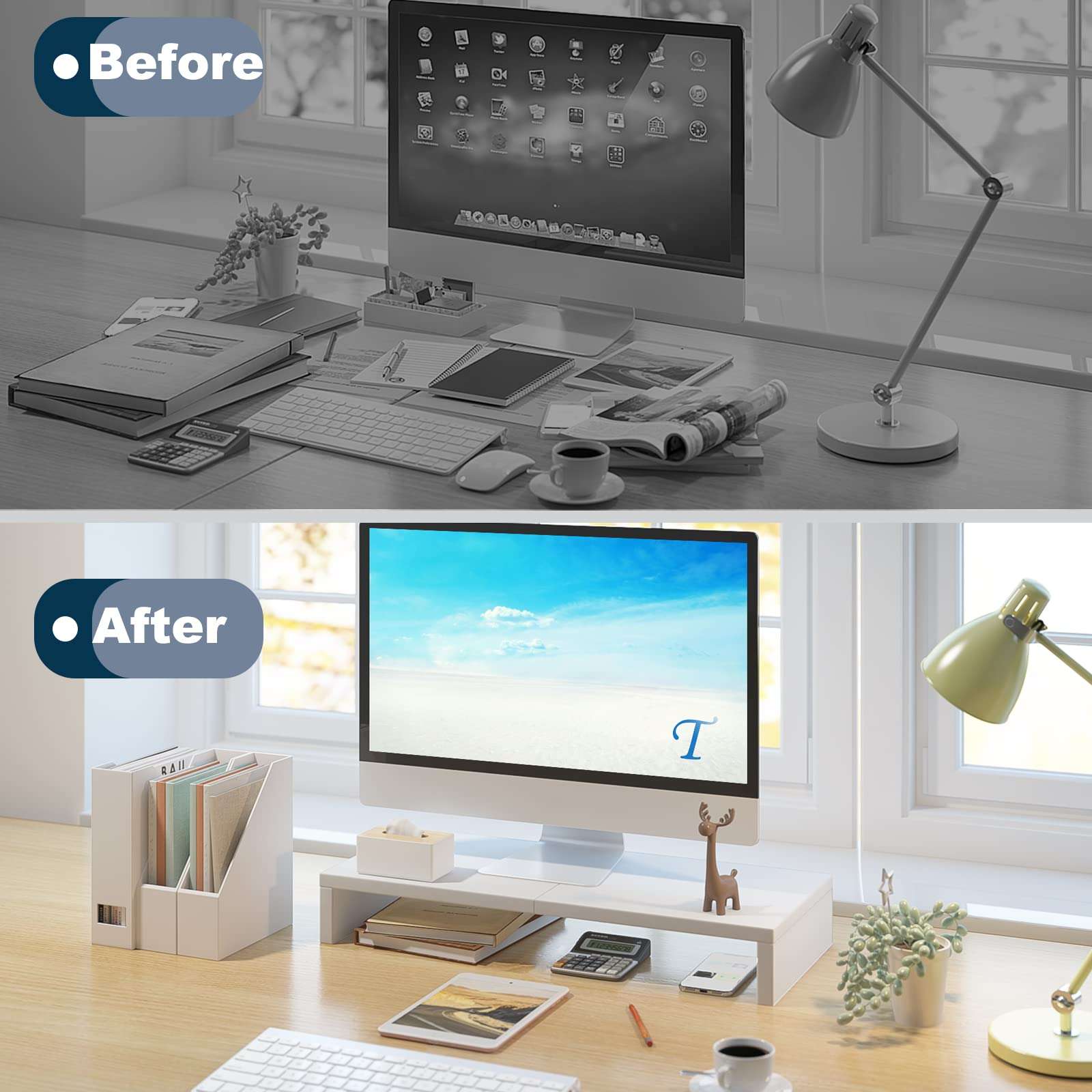 TEAMIX 20 inch + 14.2 inch White Monitor Stand Riser, Wood Monitor Stand for Desk TV/Screen/PC/Printer/Laptop Riser, Computer Stand with Keyboard Organizer, Desktop Shelf, Monitor Riser . 6