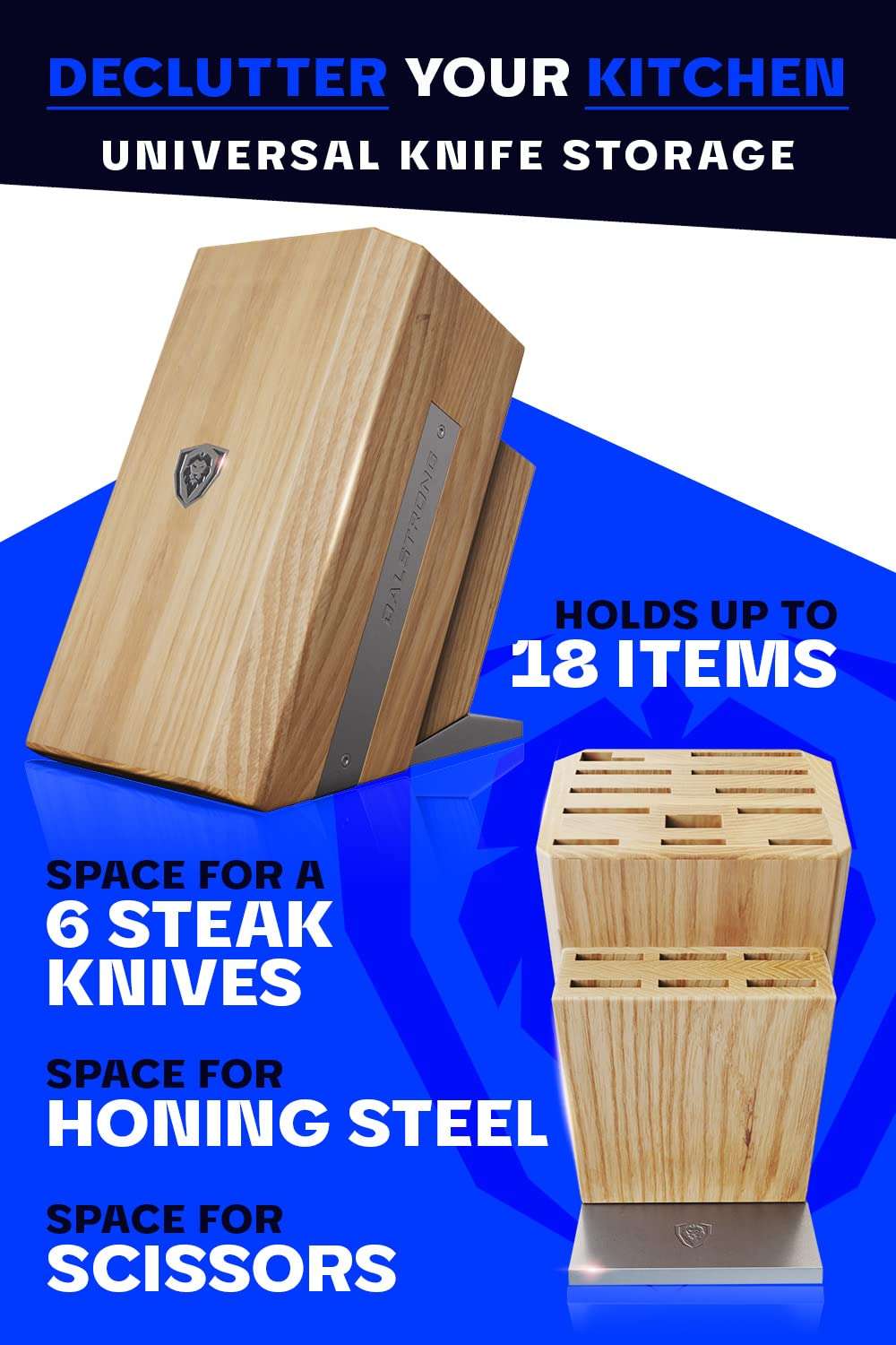 DALSTRONG Universal Knife Block - 18 Slots - Premium American Ash Wood - Aluminum Alloy Rim Kitchen Set - Lion Head Logo Badge - Premium Craftsmanship Knife Set - Angled For Ergonomics - Cleans Easily 3