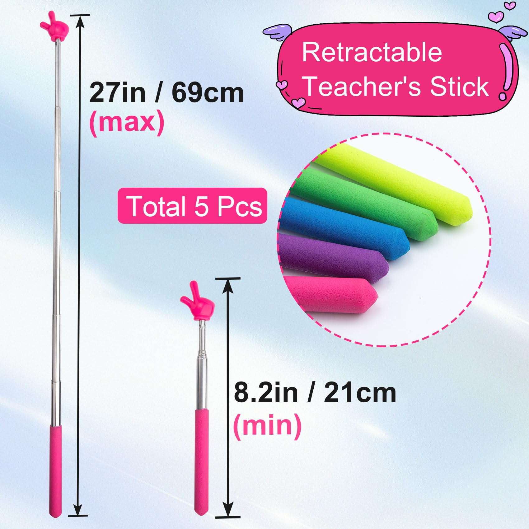 Pndeyo 5pcs Retractable Teacher Pointers for Classroom Reading, Hand-Shaped Presentation Pointer Stick, Mini Portable Finger Pointer Sticks Teach Supplies- Blue & Purple & Yellow & Green & Pink 3