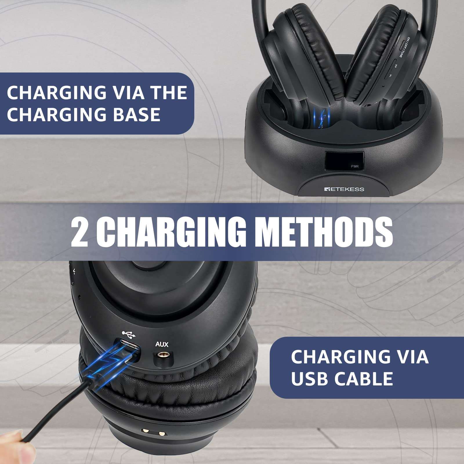 Retekess V115 Digital Radio AM FM Bundle with Retekess TA006 TV Headphones Wireless for Seniors, Support Optical, Coaxial, AUX, RCA, TV Headphones with Charging Dock 6