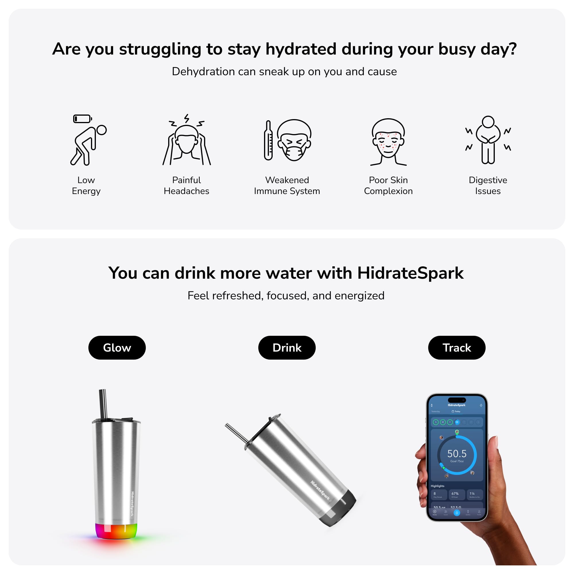 HidrateSpark PRO Smart Tumbler Bundle – Insulated Stainless Steel – Tracks Water Intake with Bluetooth, LED Glow Reminder When You Need to Drink – 20oz, Brushed Stainless Steel + 3 Straws 3