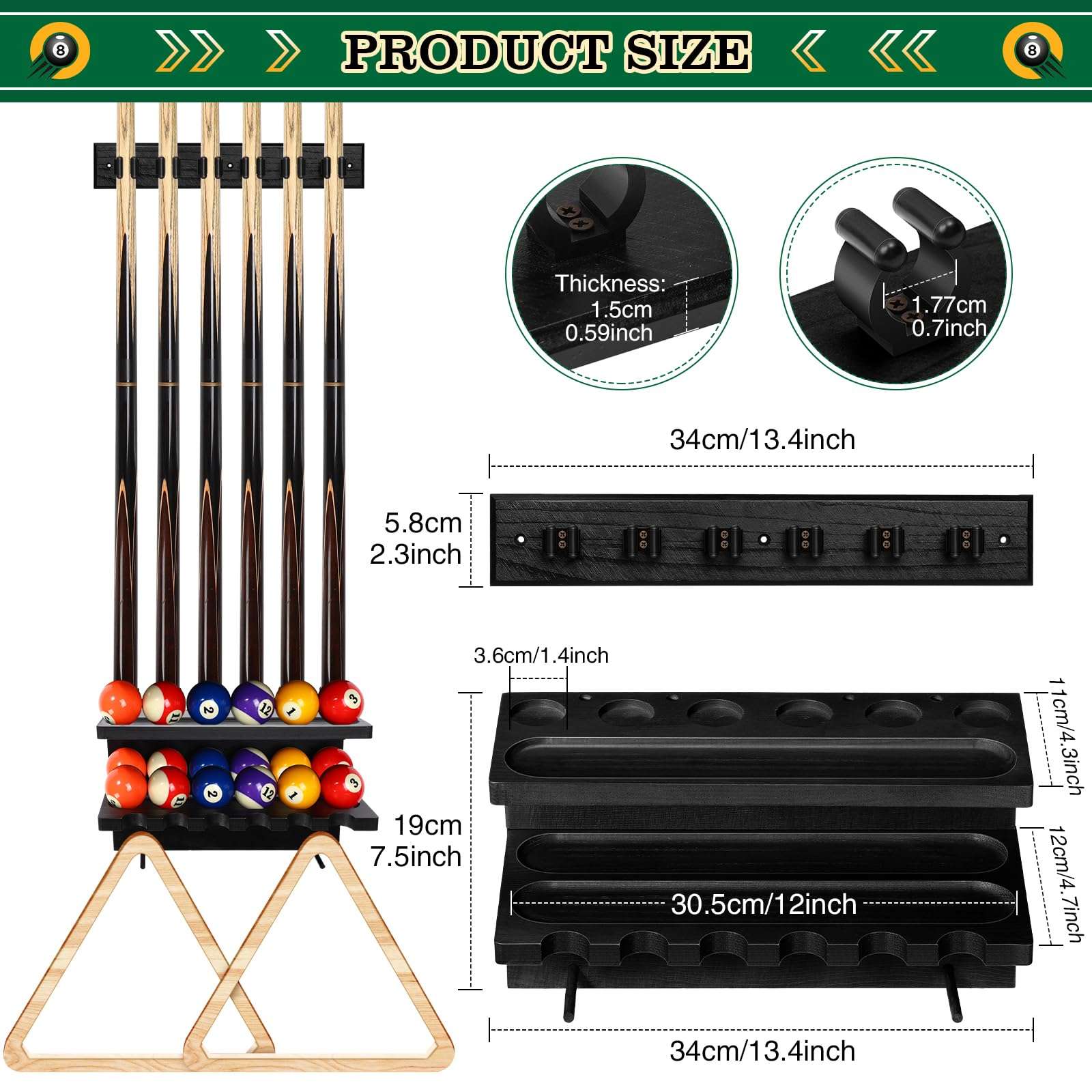 Relaxgiant Wall Mount Pool Stick Holder Billiards Pool Cue Rack Pine Wood Wall Mount Holds 6 cues and Full Ball Set Pool Table Accessories Equipment Organizer for Billiard Room, Bar, Club (Black) 3