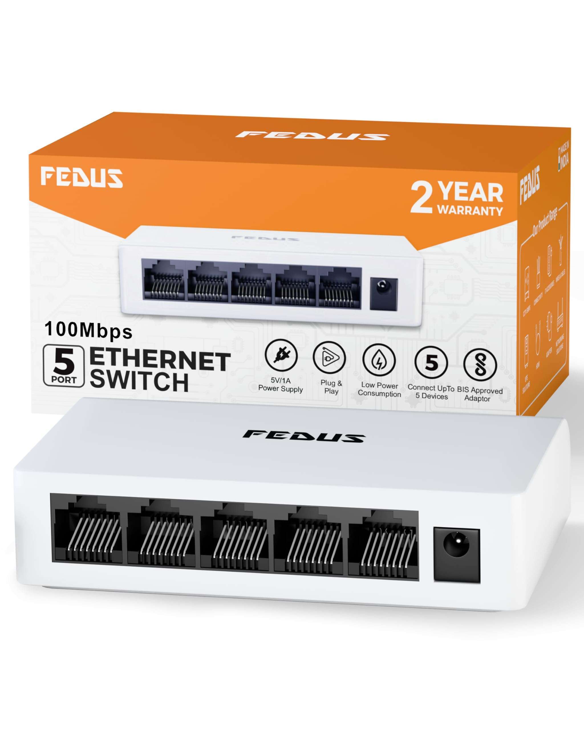 FEDUS Ethernet Switch, 10/100Mbps 5 Port Gigabit Ethernet Splitter, Plug & Play, Desktop Network Switch Hub, Unmanaged, Compact, with LED, Fanless Quiet, for Internet Cable, Laptop, Router, NAS 1