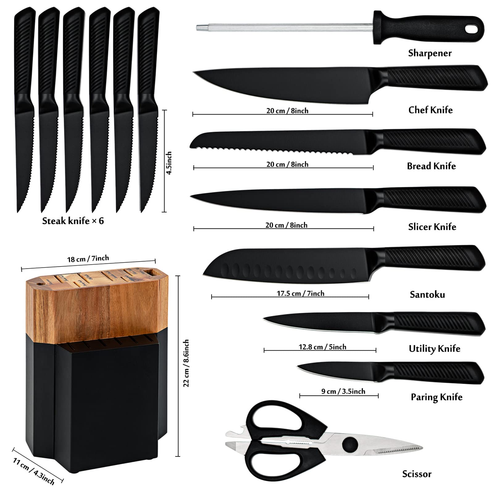 Knife Set, 15 Pieces Black Kitchen Knife Set with Wooden Block, Non-Stick Coating Chef Knife Set with Knife Sharpener for Self Sharpening, German Stainless Steel Knife Set with 6 Steak Knives, Black 3
