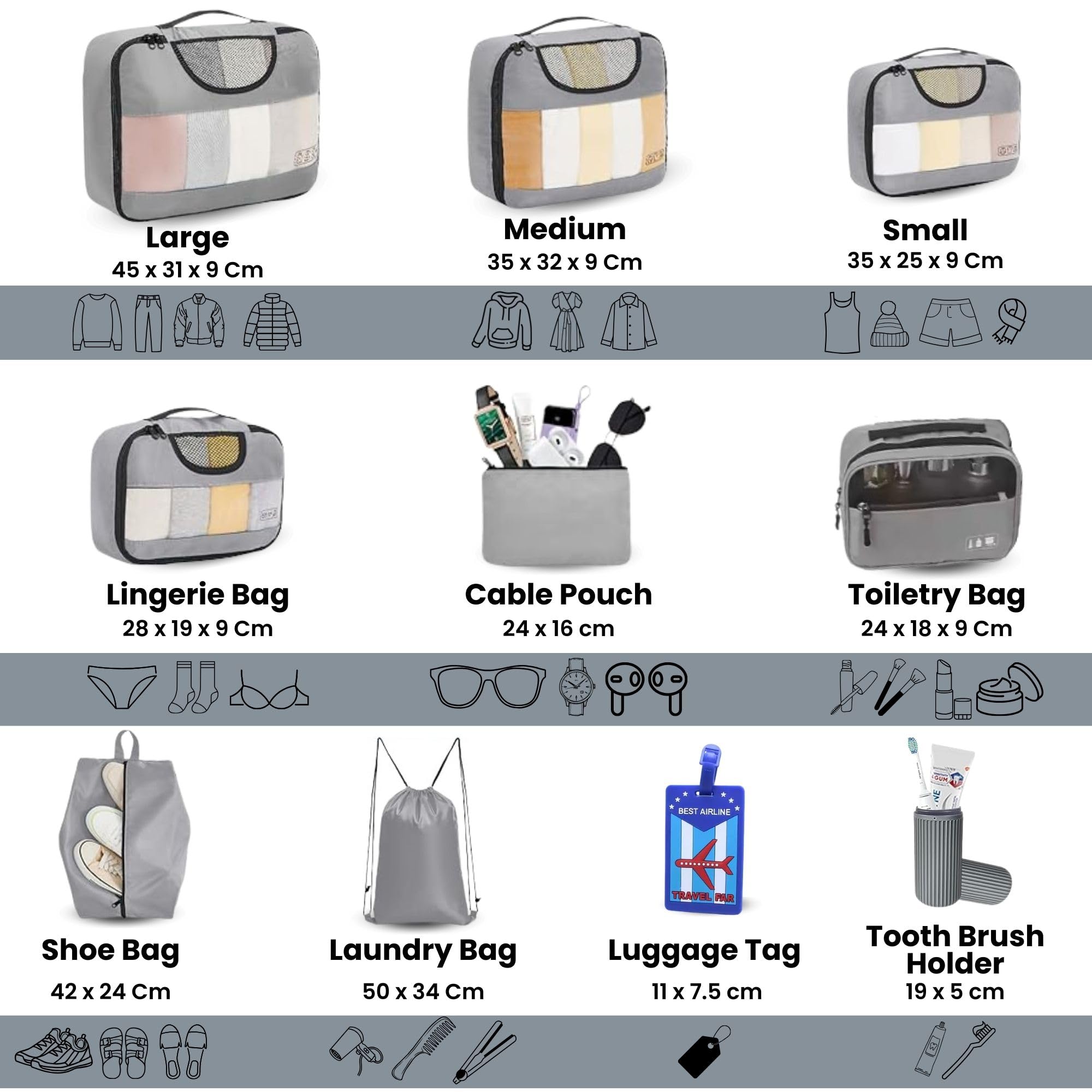 Oceanevo Set of 10 Packing Cubes with Luggage Tag and Toothbrush Holder, Travel Organiser Bags for Luggage, Suitcase Organizer for Travelling for Clothes, Shoe and Lingerie - Model 2.0 - Grey 3