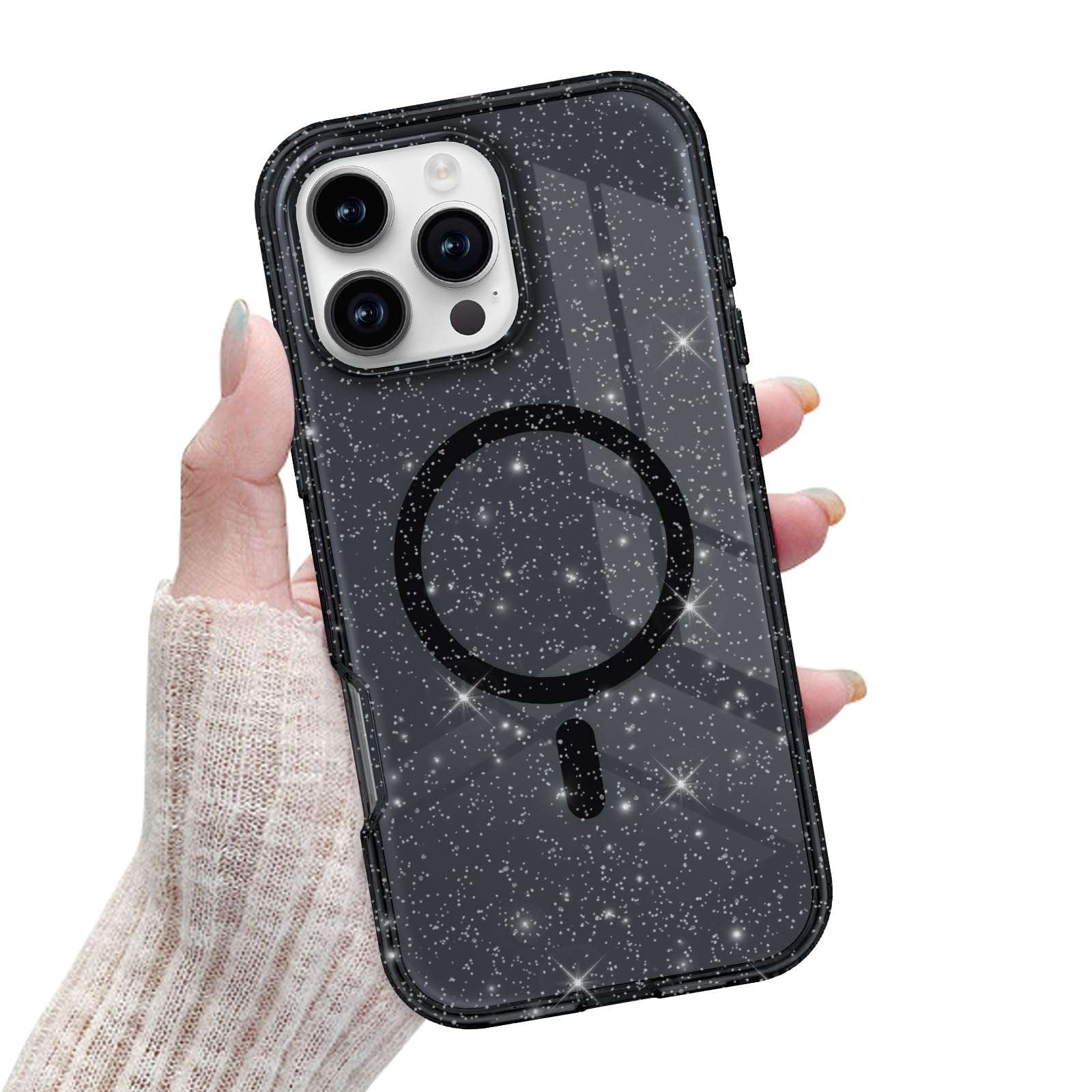 Newseego for iPhone 16 Pro Max Magnetic Case, Luxury Sparkle Bling Glitter Clear Case for Women Girls Men Full Body Drop Protection Bumper Shockproof Cover for iPhone 16 Pro Max-Black 1