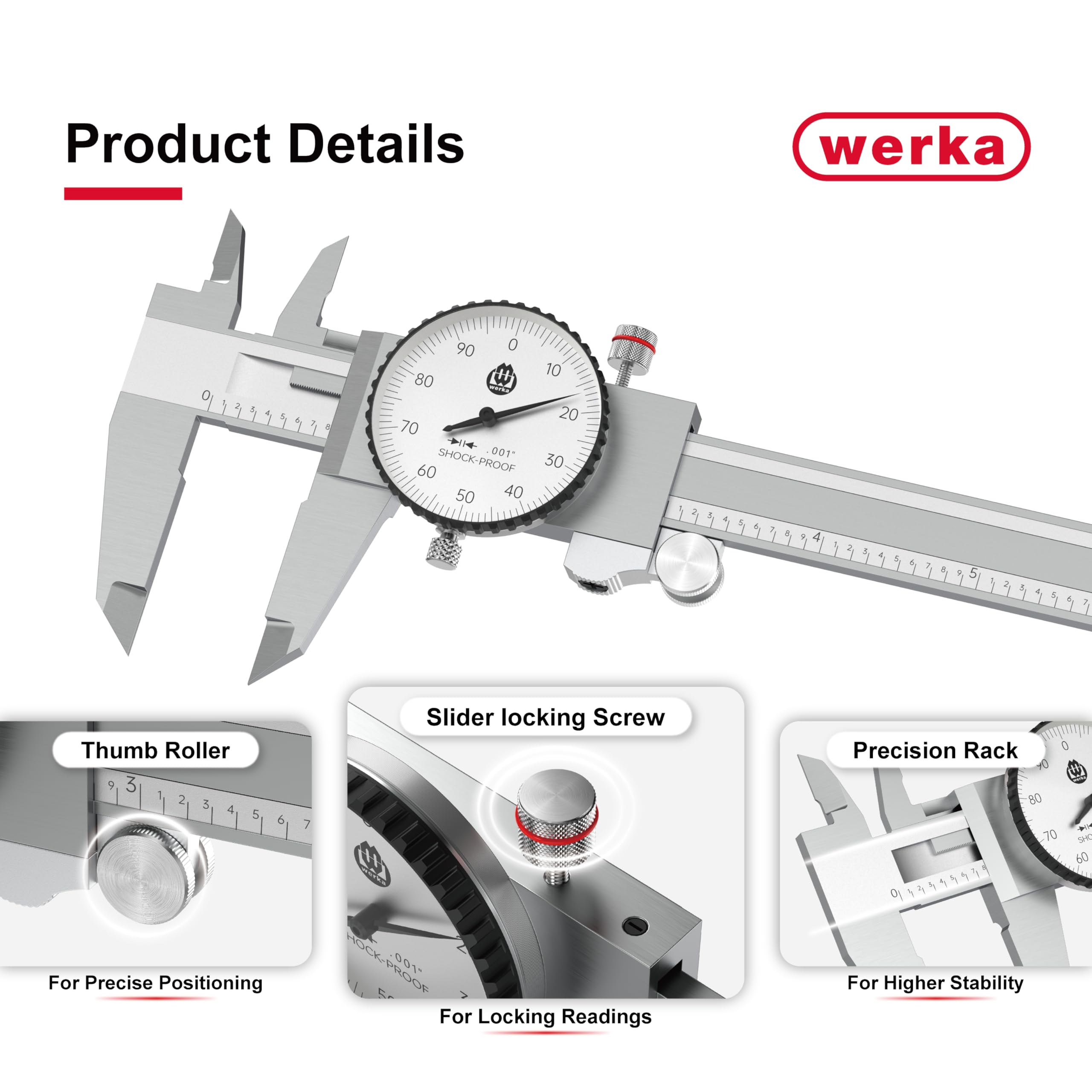 werka Dial Caliper 8 Inch, Shockproof Dial Caliper Measuring Tool with 0.001" Precision Micrometer Caliper with Custom Case, 4-Way Measurement, Stainless Steel 4