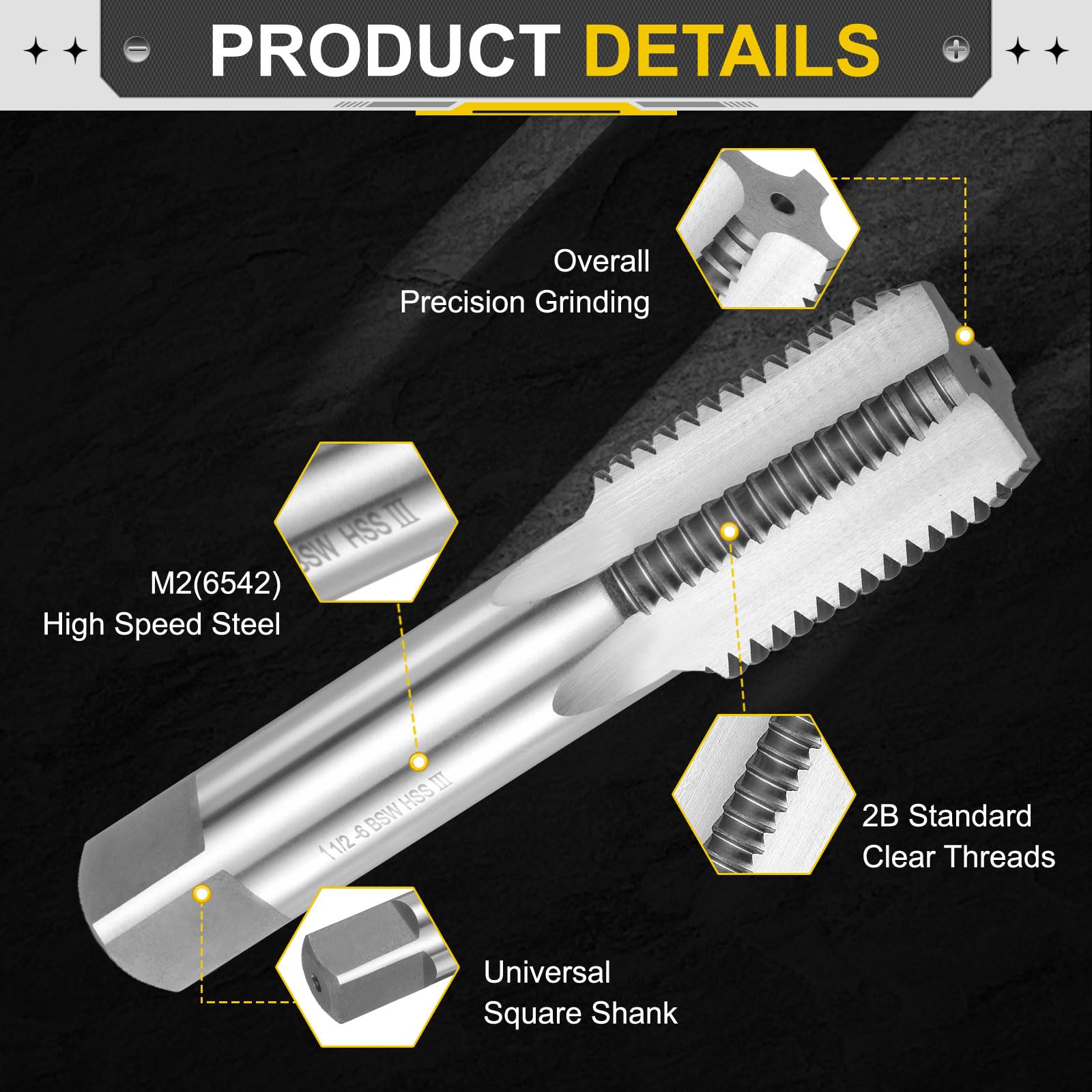 uxcell Hand Bottom Tap 1"-1/2"-6 BSW 2B Thread Bottoming Style Threading Taps High Speed Steel HSS6542 Straight Flutes Screw Tapping Tool 5