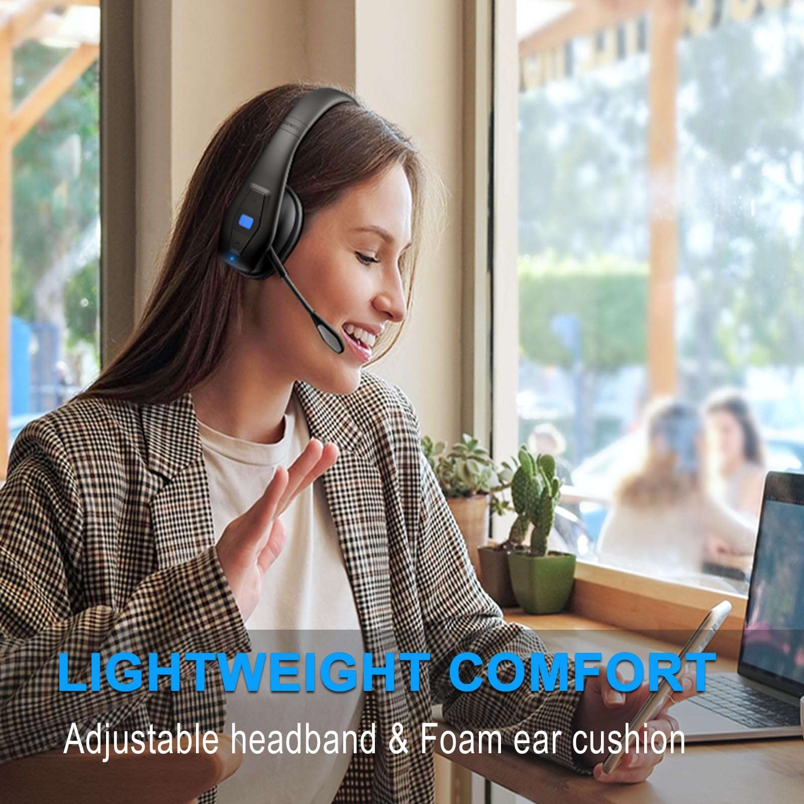 CONAMBO JBT100 Trucker Bluetooth Headset with Dual Mic Noise Canceling, CVC8.0, Mute Button, 60Hrs Battery Wireless Headset, On Ear Headphone for Cell Phones Business Home Driver Office Work 5