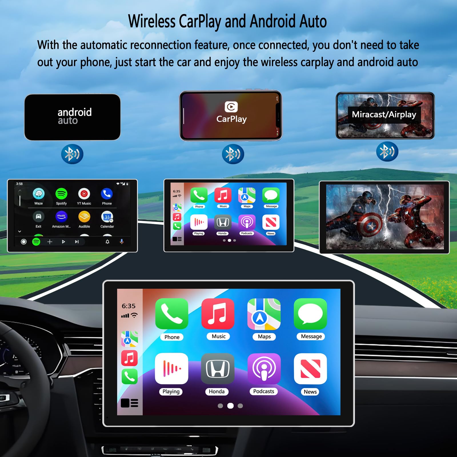Portable Carplay Screen for Car, 9" Touch Screen Double Din Portable Car Stereo Compatible with Wireless Apple CarPlay and Android Auto/Miracast/Navigation/Bluetooth/Siri 3