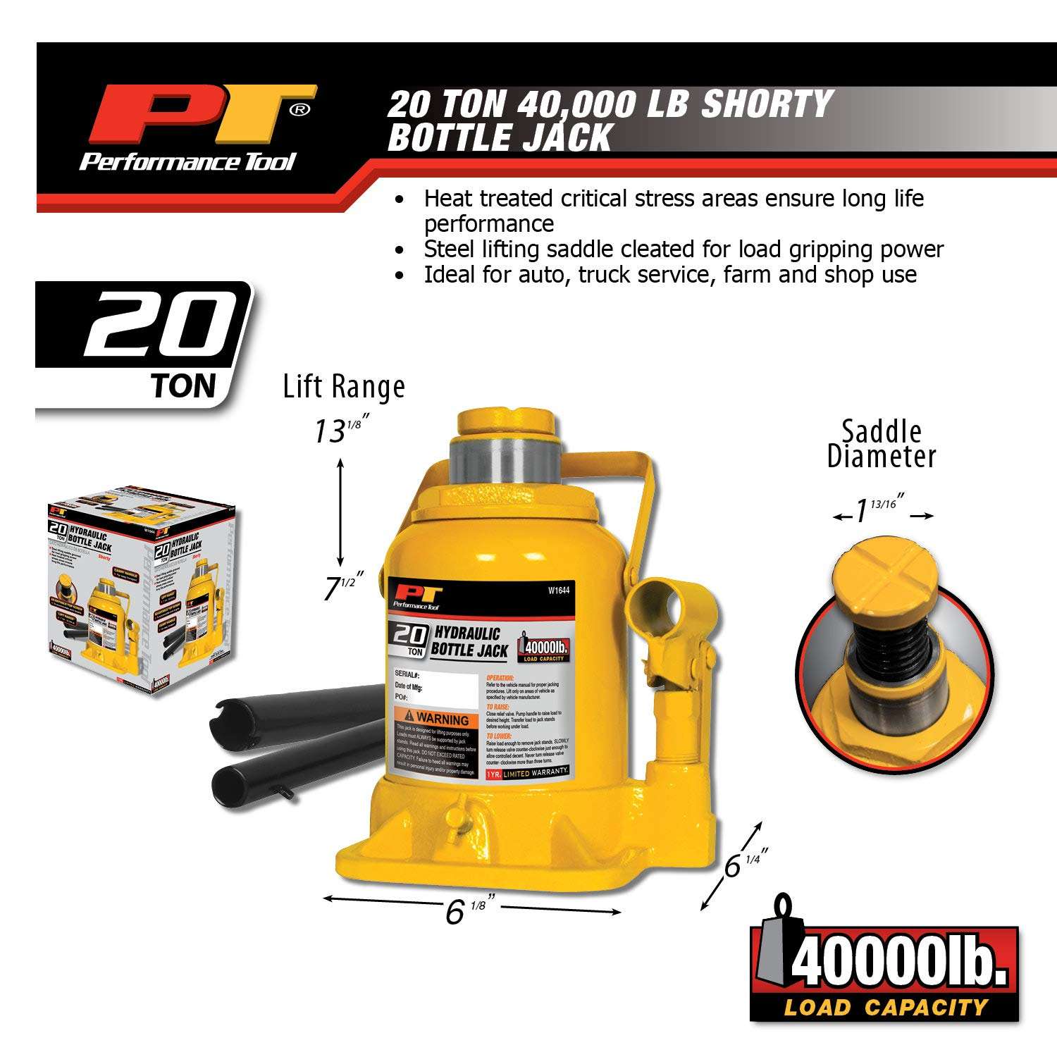 Performance Tool W1644 20 Ton (40,000 lbs.) Heavy Duty Shorty Bottle Jack 5