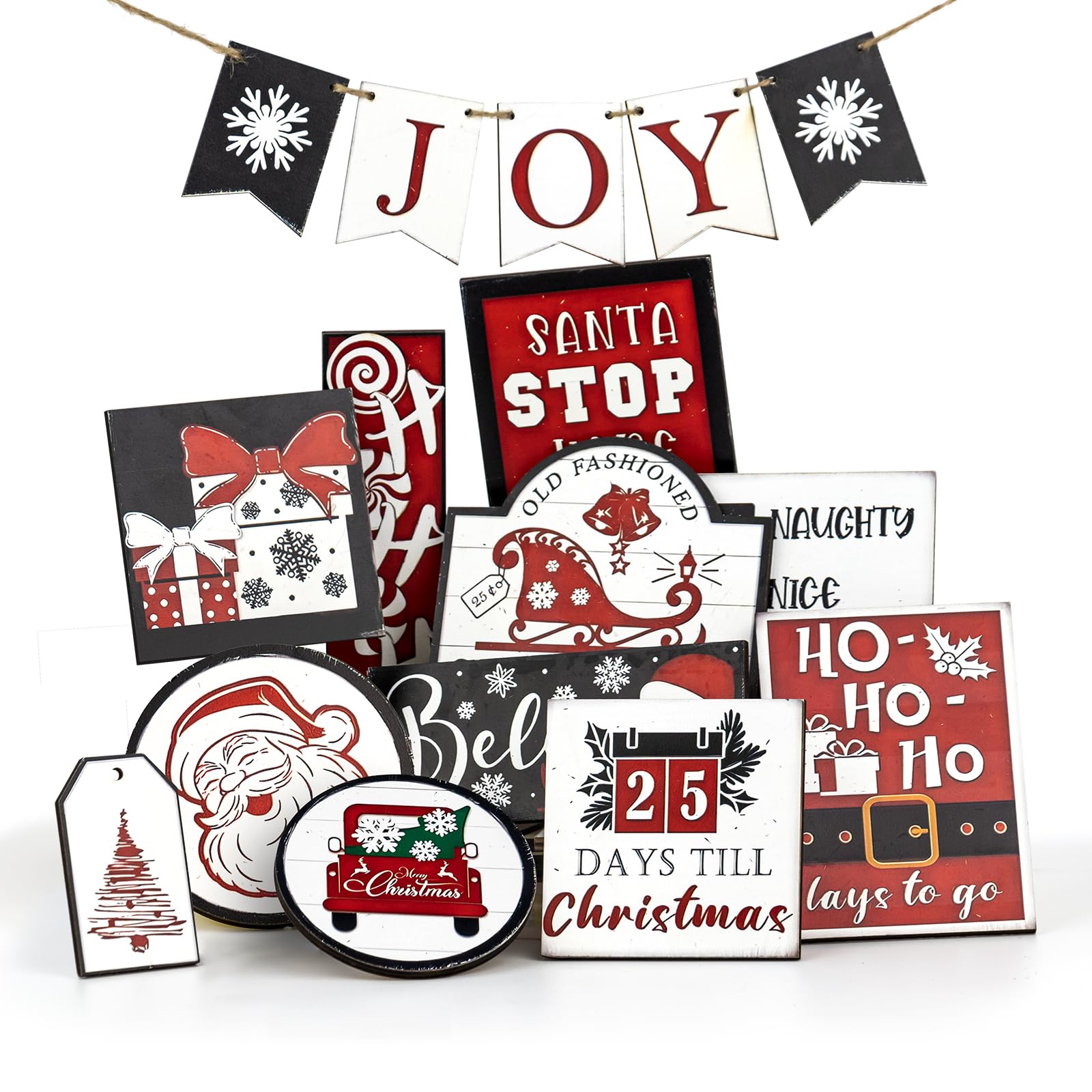 FRTIM 15 Pcs Christmas Tiered Tray Decorations Set Christmas Wooden Signs Tiered Tray Decor Table Signs for Christmas Winter Table Centerpieces Home Decorations 5