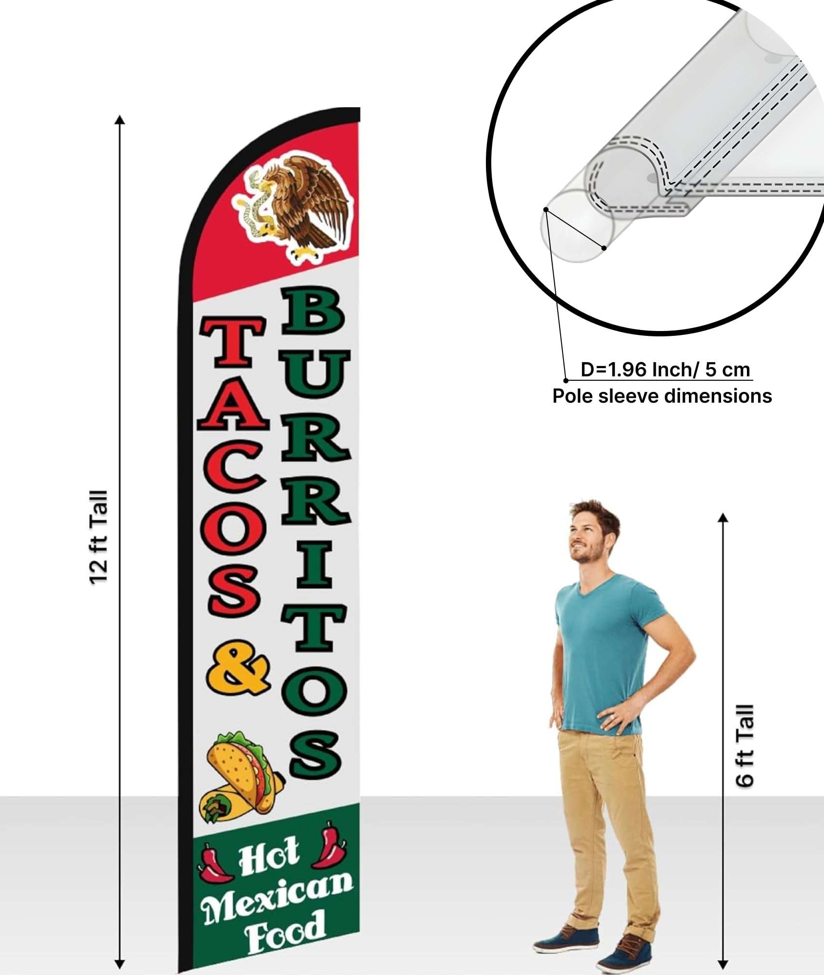 12x2.5 Feet Tall Feather Flags "Tacos & Burritos" - Advertising Replacement Feather Banner - Single Sided Feathers Banners Food Themed - Feathers Flags in Polyester - Flagpole is Not Included 3