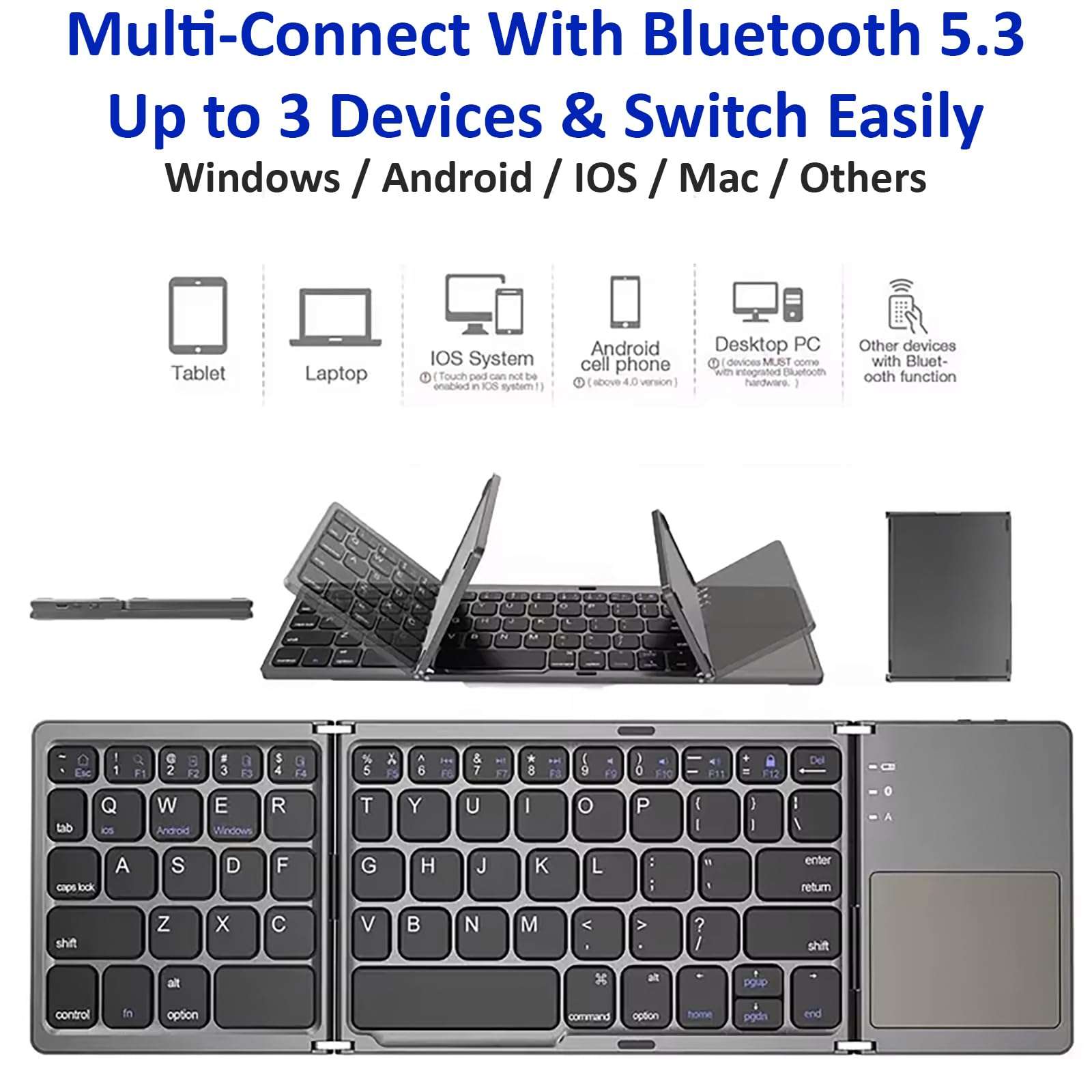 Tek Styz Slim Foldable Wireless Keyboard Compatible with Vivo iQOO 9 Pro TOUCHPAD Mouse is Universal Providing 48H Use, 560 Days Standby, Portable, Compact, Tri-Fold, Rechargeable! 6
